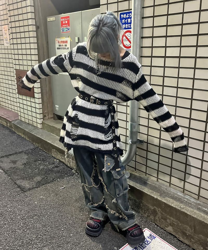 【DARRDY/ダーディー】ボーダー透かし編みメッシュニット