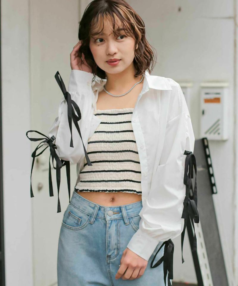 【#バレエコア】ショート丈長袖シャツ/袖リボン