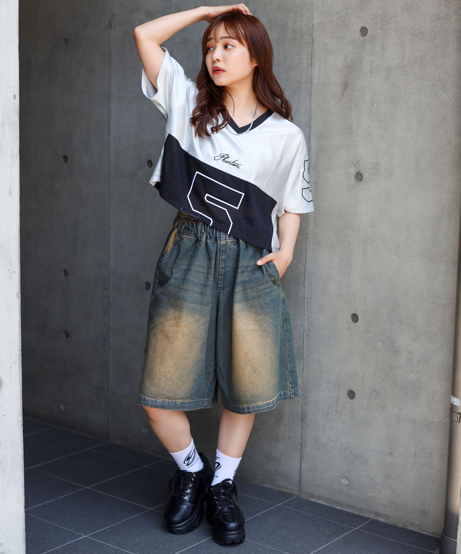 【S.M.L 3サイズ展開】ワイドダイドデニムショートパンツ コーデ1