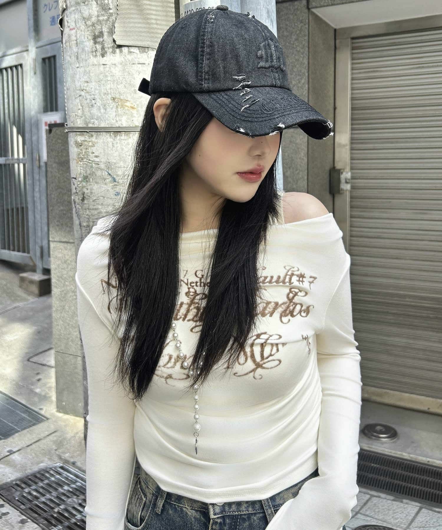 ブラック デニム風キャップ Chick キャップ 帽子 punk-style cap/ヴィンテージライク パンク風