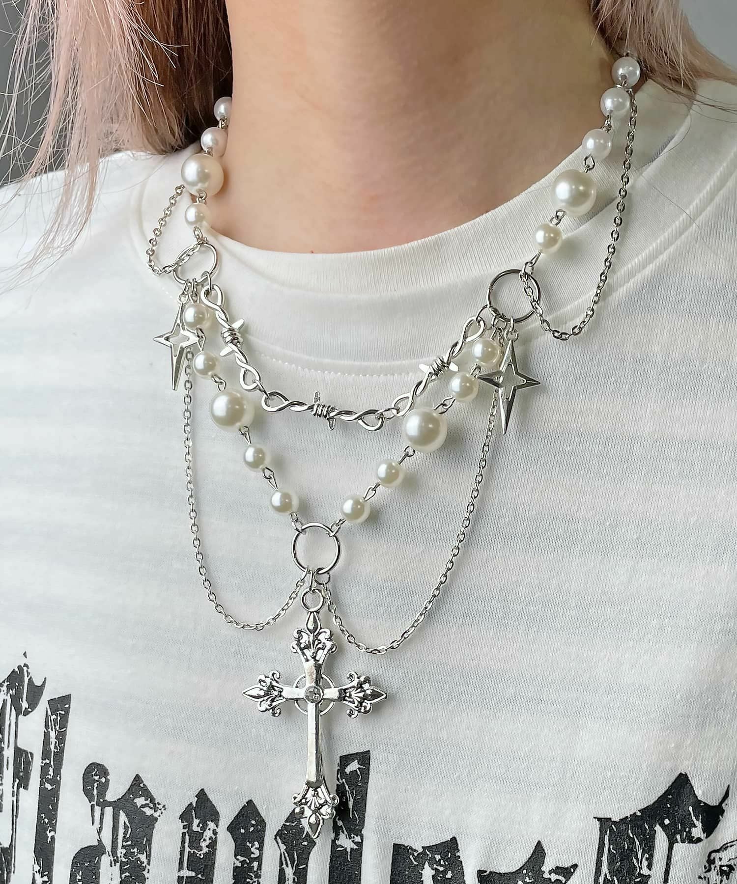 メタルネックレス/パールビッグクロス｜トレンドのアクセサリーはSPINNS
