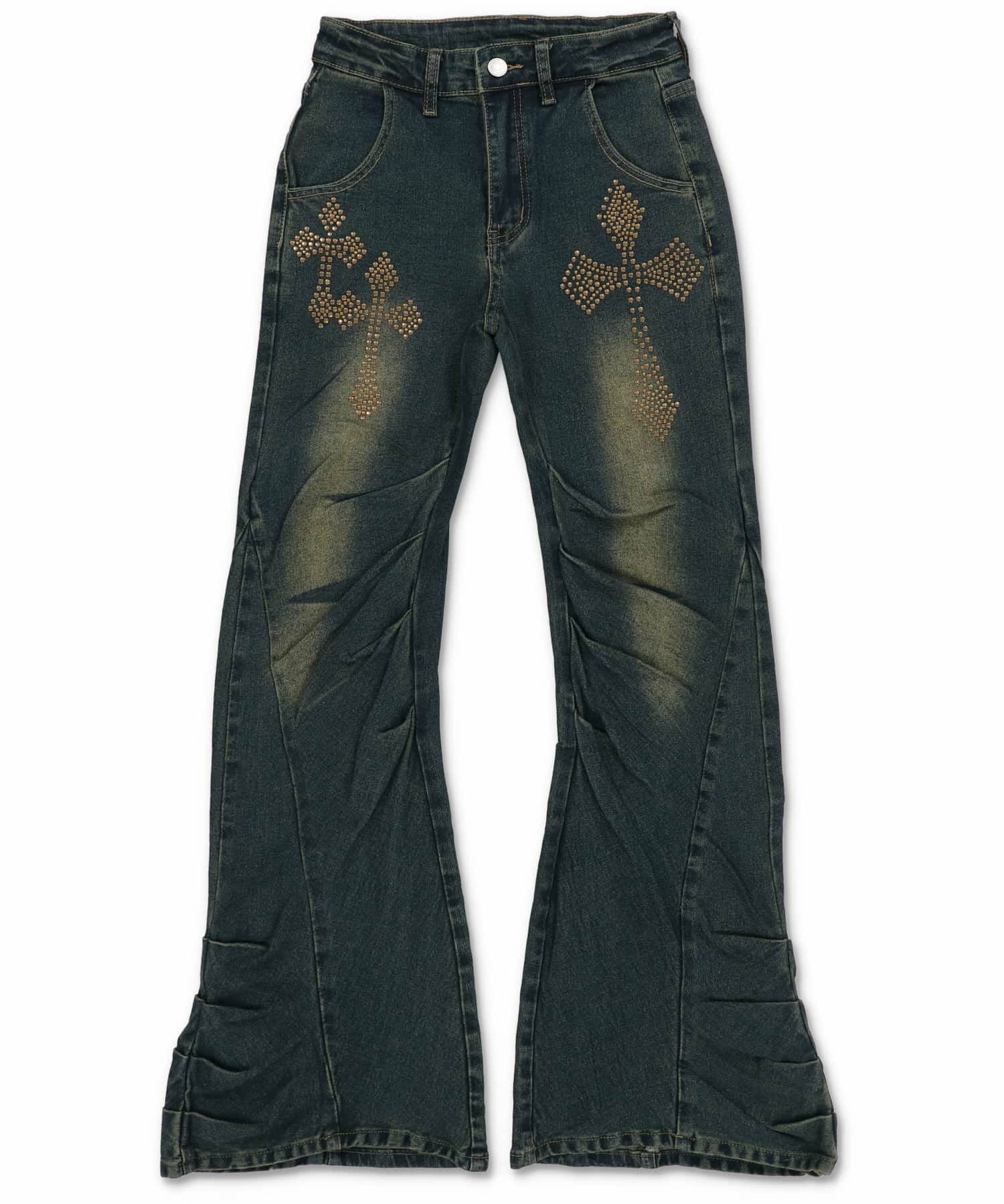 64%OFF】デニムフレアパンツ/ギャザークロス/2サイズ展開 | SPINNS WEB