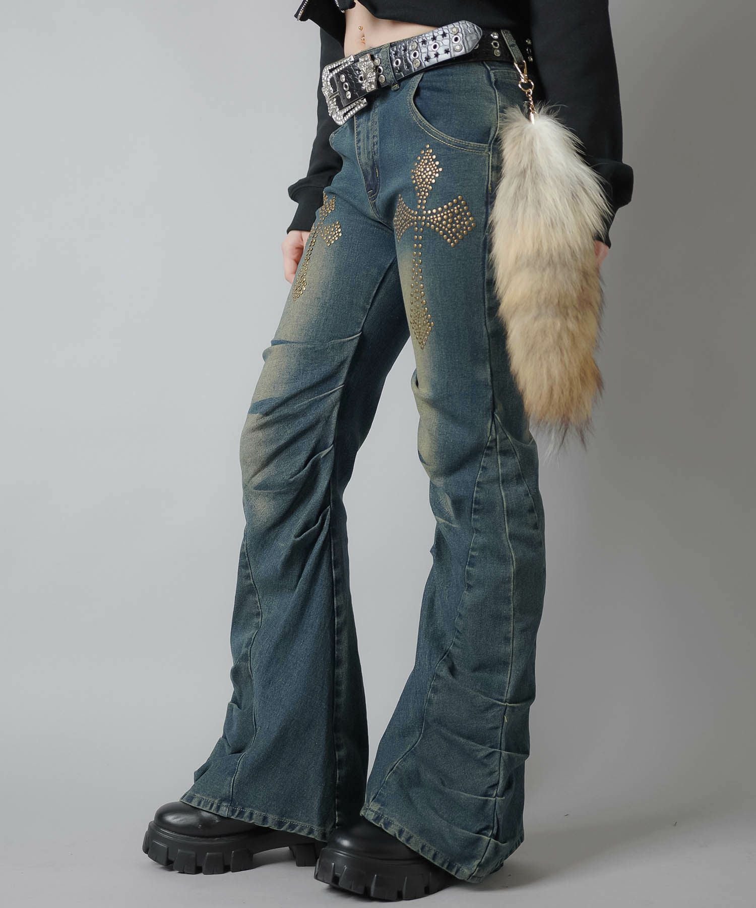 64%OFF】デニムフレアパンツ/ギャザークロス/2サイズ展開 | SPINNS WEB