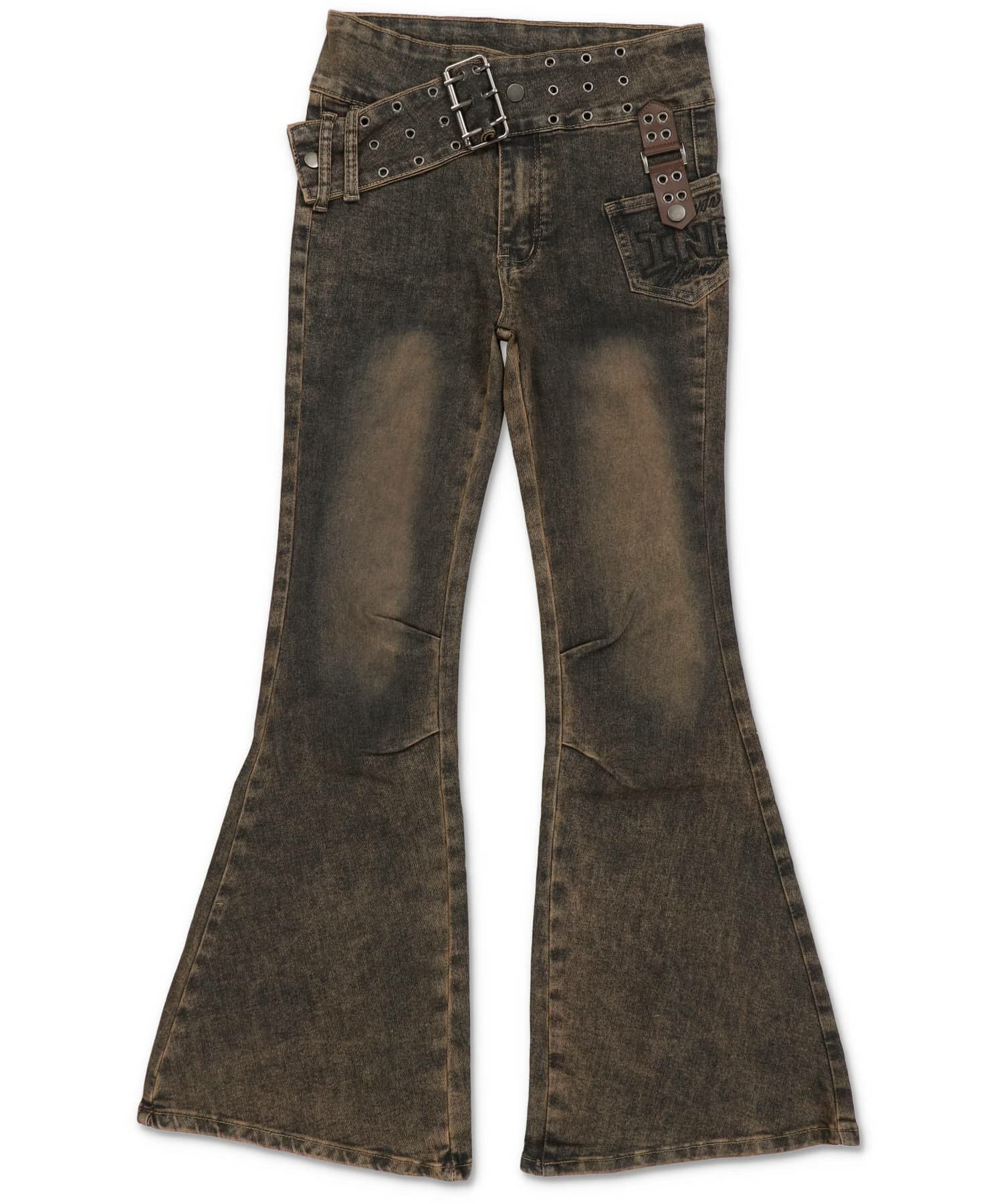 ワイドベルトデニムフレアパンツ/ヴィンテージ加工 | SPINNS WEB STORE