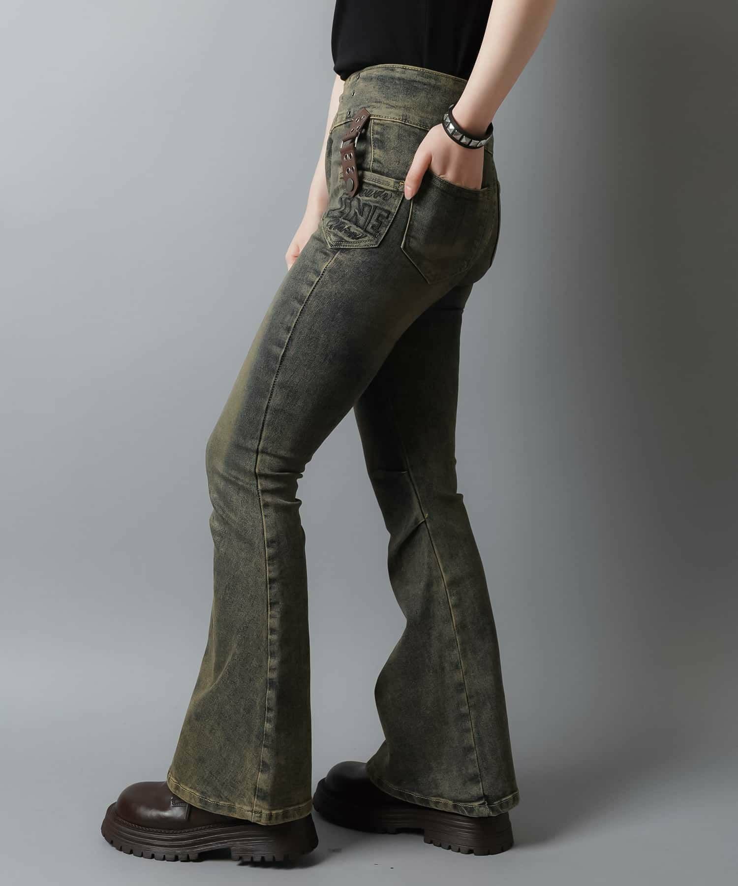 ワイドベルトデニムフレアパンツ/ヴィンテージ加工 | SPINNS WEB STORE