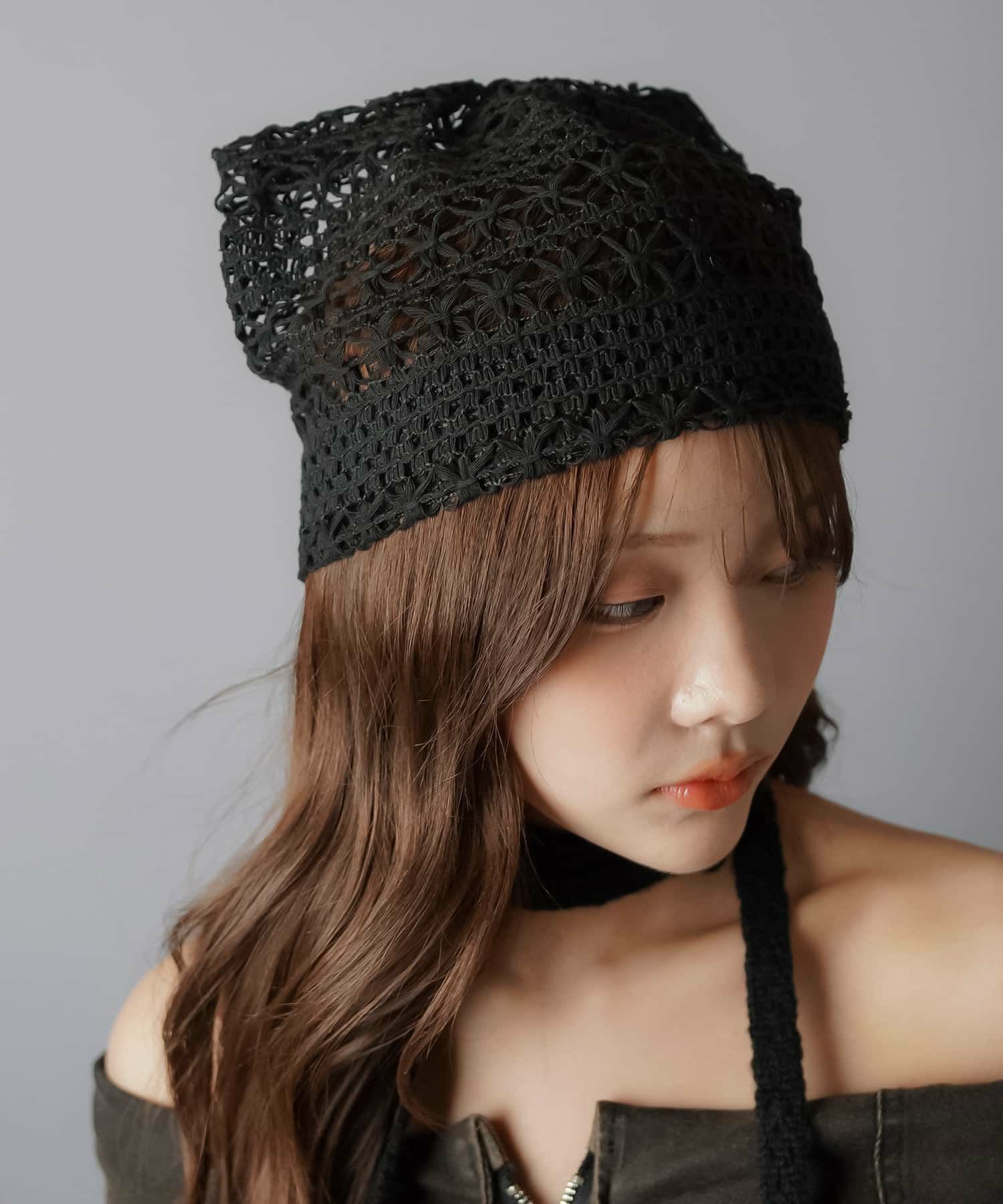 猫 耳 ビーニー ニット 帽子 フリル レース ニット帽 ニットキャップ Nia(ニア)/レースアップリボン 猫耳ビーニー