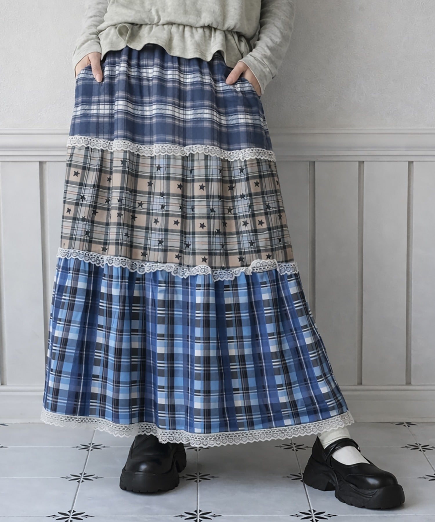 75%OFF】ロングスカート/つぎはぎチェック/パッチワーク/#NEO森ガール