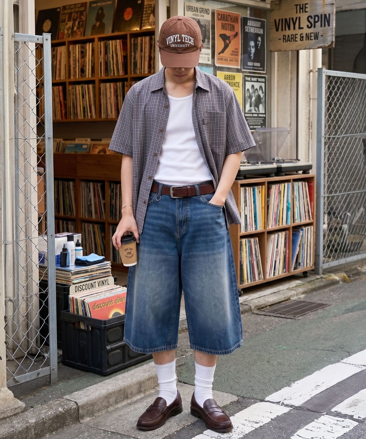 ヴィンテージ加工バギーデニムジョーツ/ハーフデニム/リング付き
