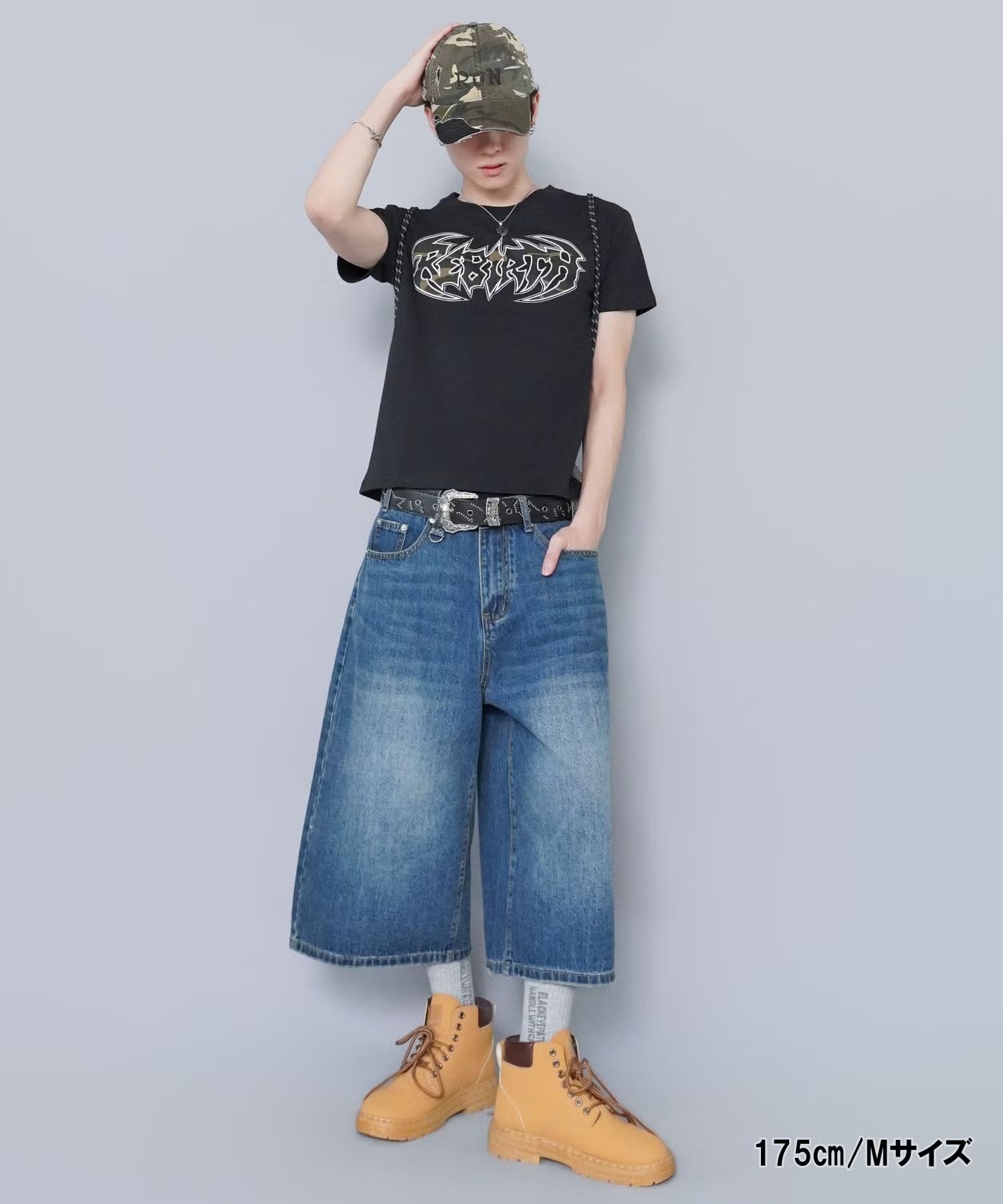 ヴィンテージ加工バギーデニムジョーツ/ハーフデニム/リング付き