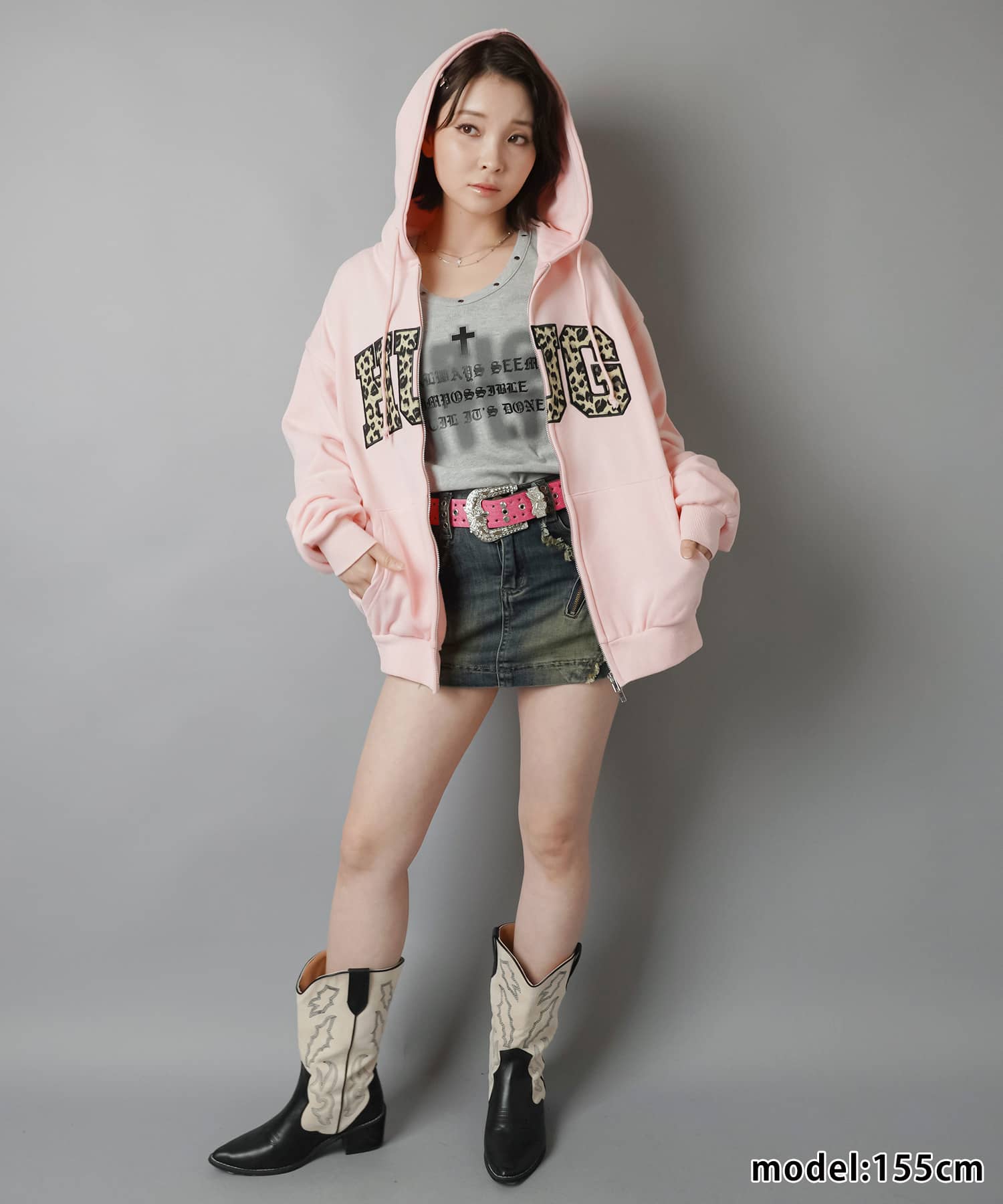 裏毛ダブルジップパーカー/ヒョウ柄ロゴ/HUG/全5色 | SPINNS WEB STORE