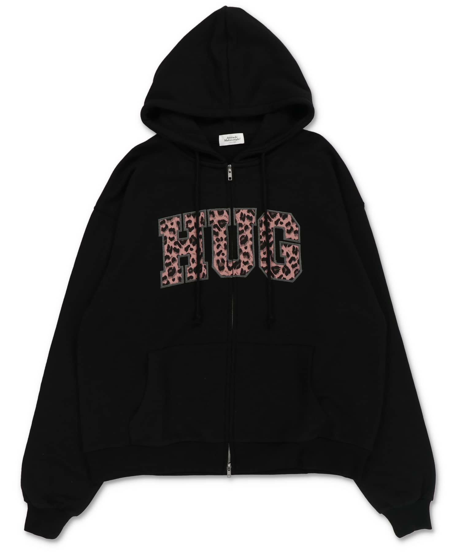 裏毛ダブルジップパーカー/ヒョウ柄ロゴ/HUG/全5色 | SPINNS WEB STORE