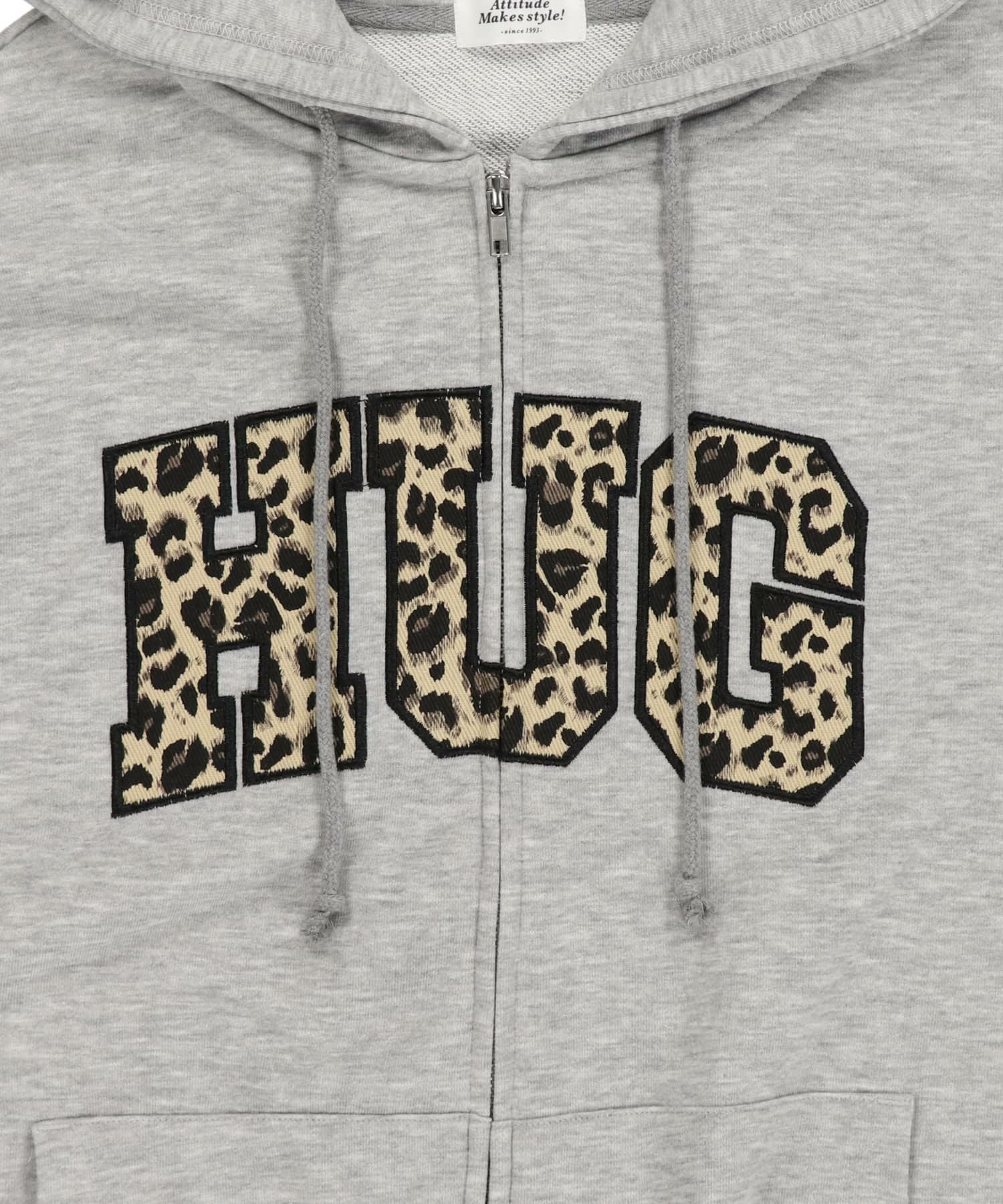 裏毛ダブルジップパーカー/ヒョウ柄ロゴ/HUG/全5色 | SPINNS WEB STORE