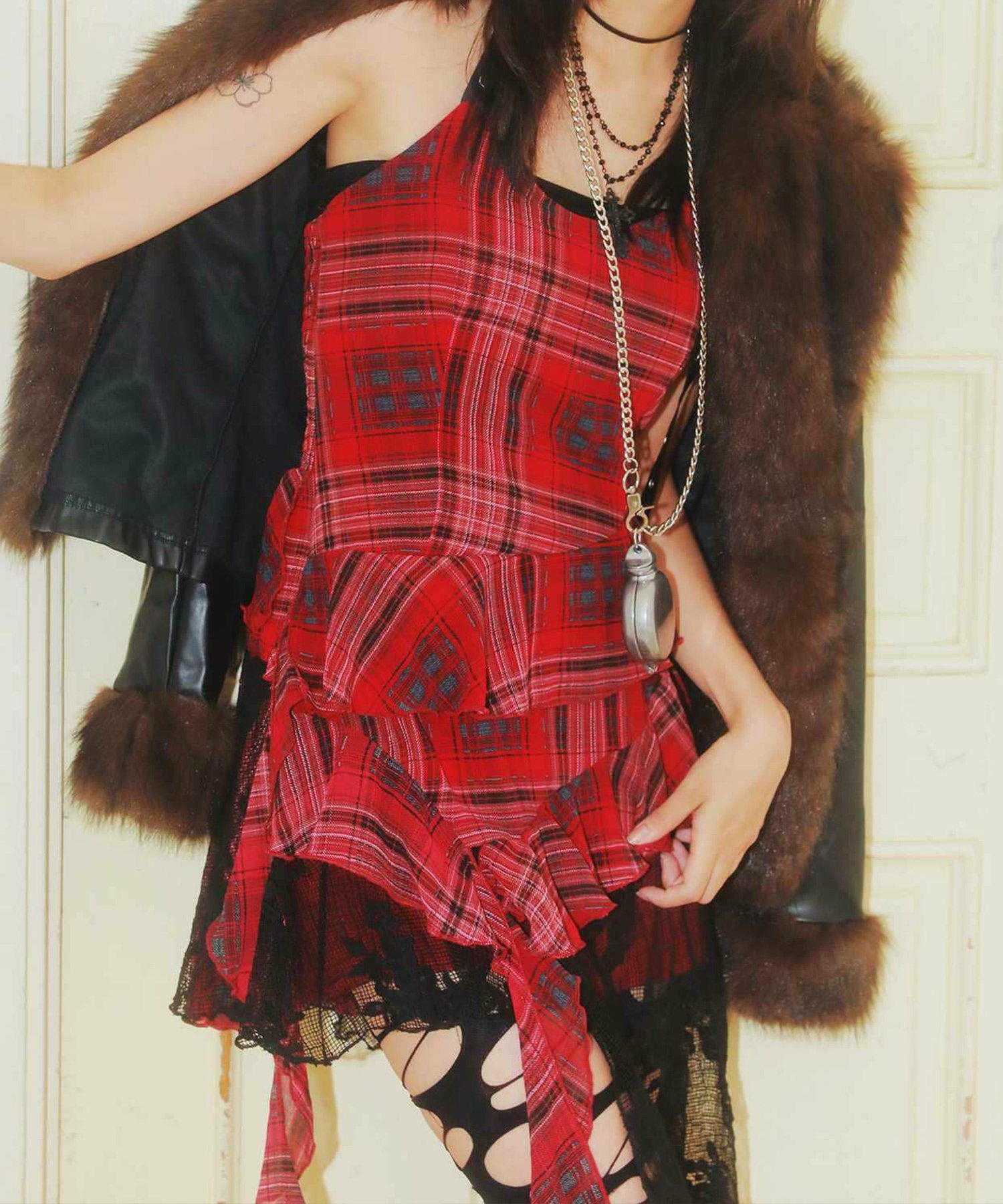 70%OFF】チェック柄イレヘムミニワンピース/ホルターネック/#ロマンス