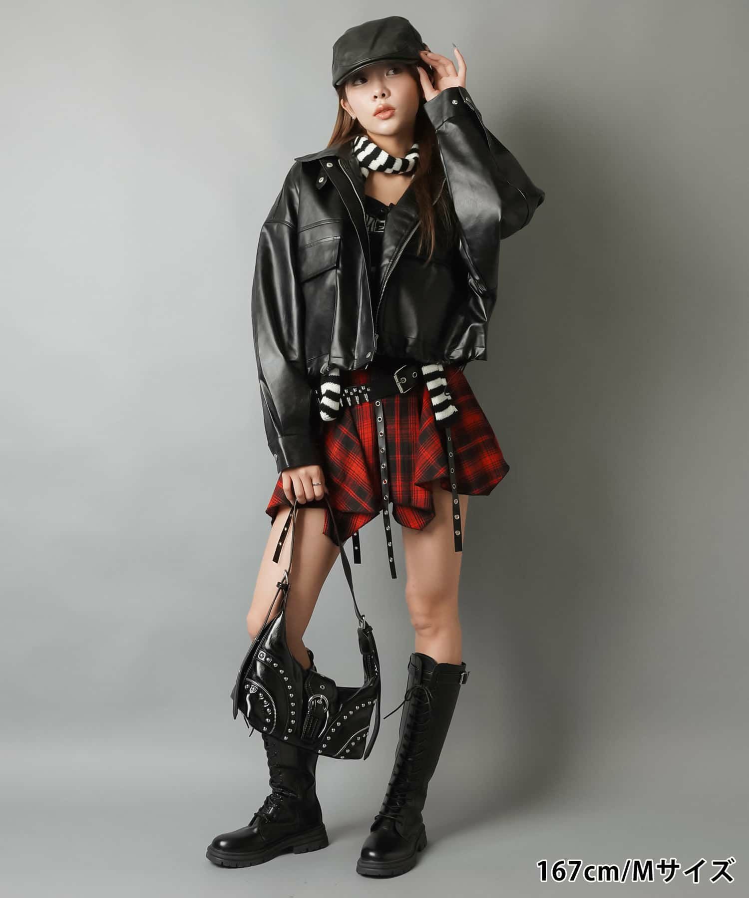 34%OFF】2サイズ展開/チェック柄イレヘムミニスカート/スタッズベルト