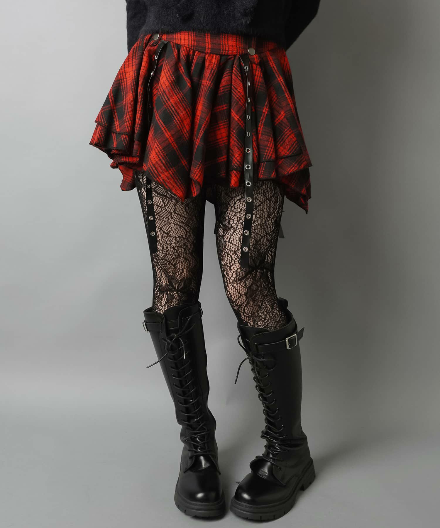 2サイズ展開/チェック柄イレヘムミニスカート/スタッズベルト/インナー