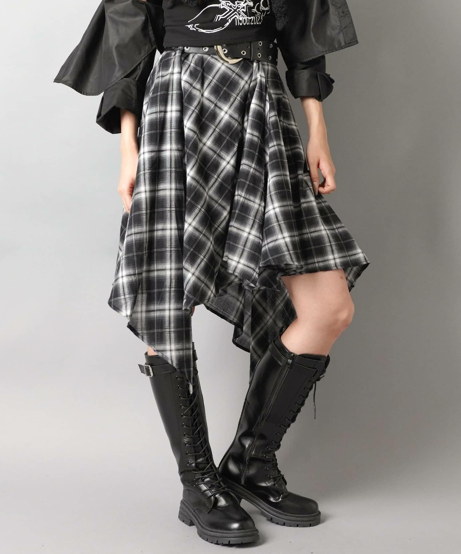 51%OFF】チェック柄イレヘムミドルスカート/ハトメベルト付き