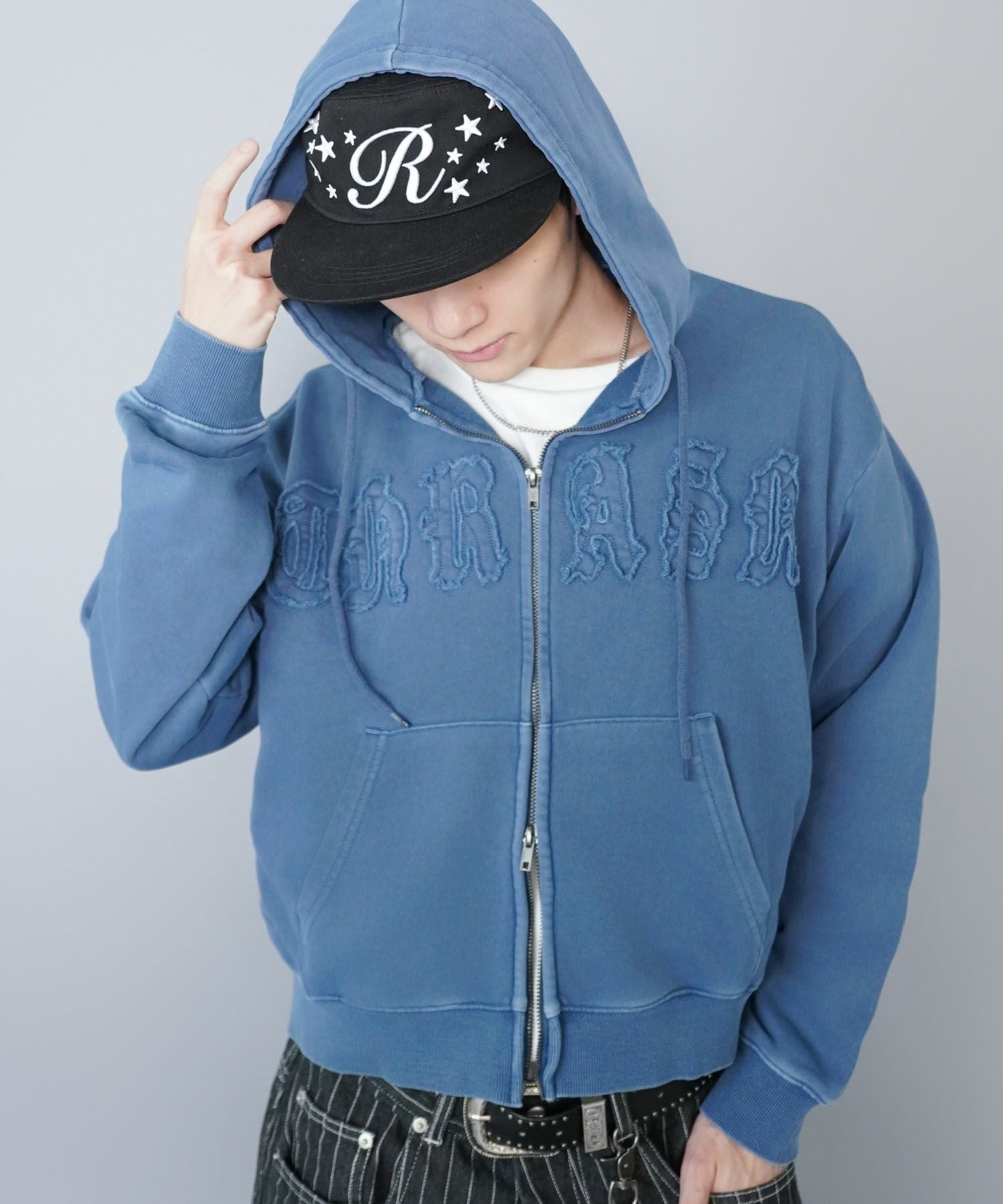 短丈ダブルジップパーカー/パッチワークロゴ/リアルツリー/ショート丈