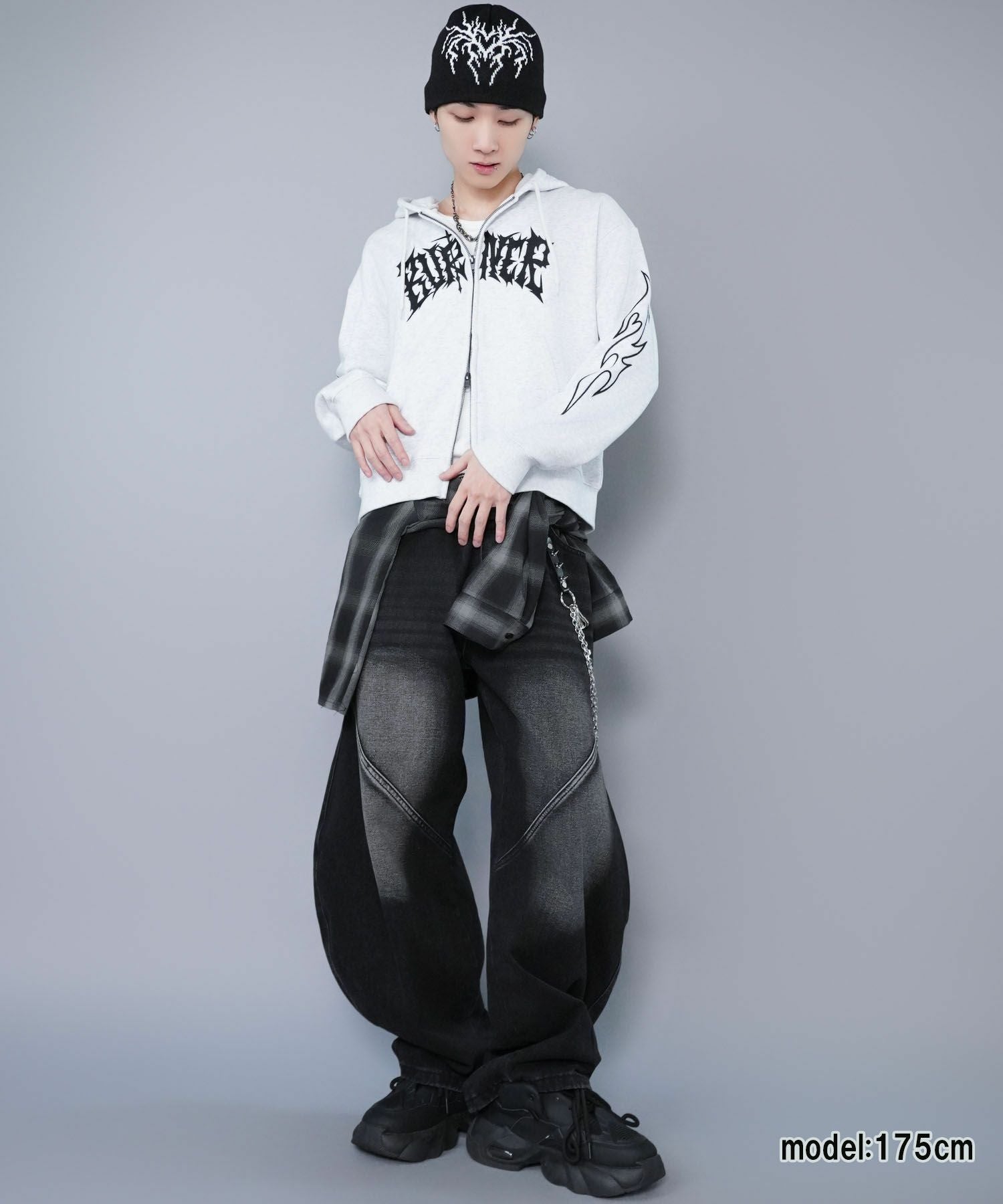 17%OFF】 短丈ダブルジップパーカー/グランジ/刺繍袖ロゴ/ショート丈