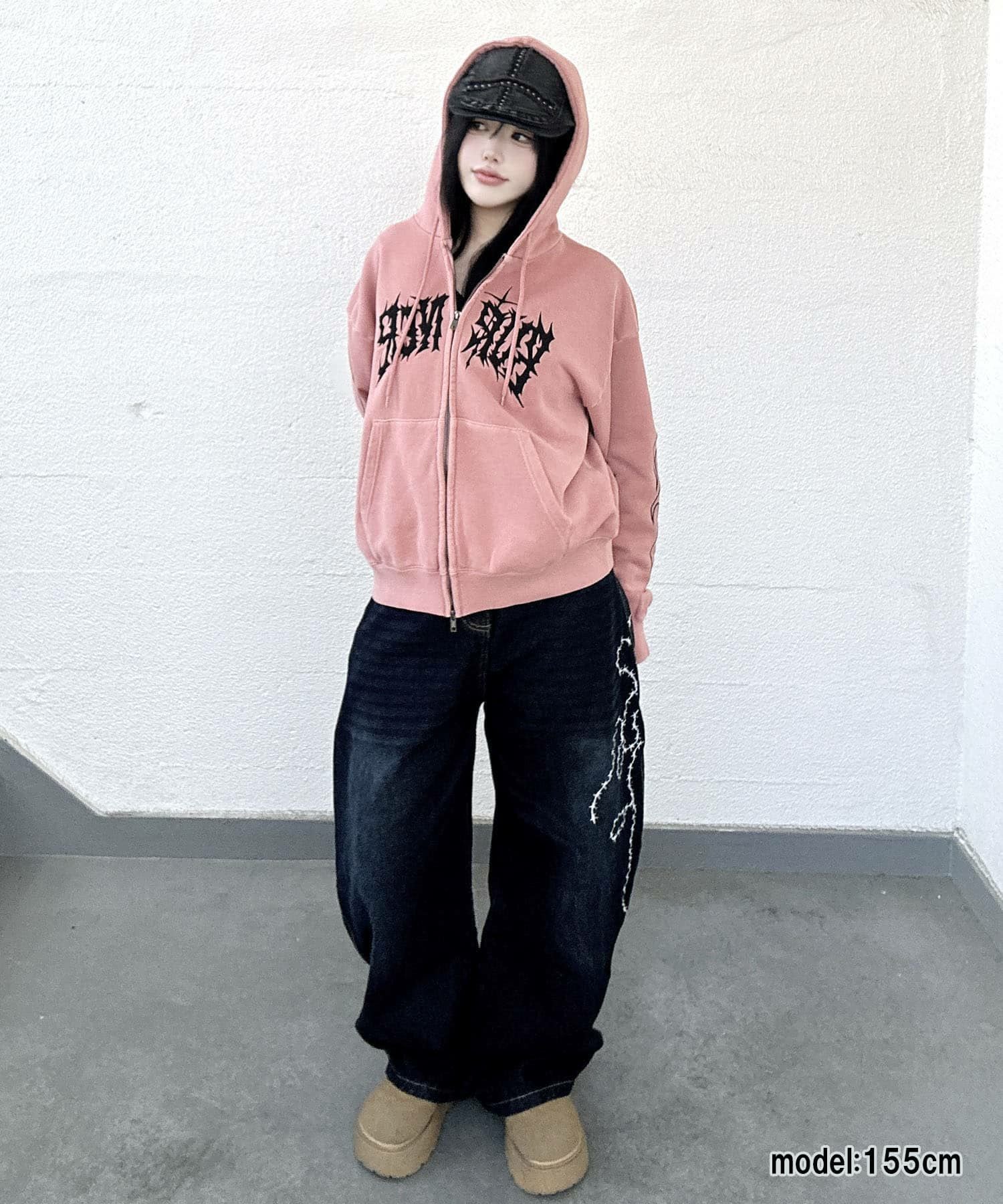 17%OFF】 短丈ダブルジップパーカー/グランジ/刺繍袖ロゴ/ショート丈