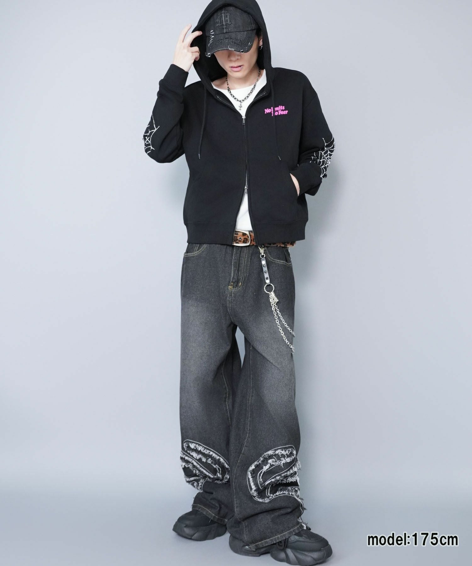 短丈ダブルジップパーカー/ストーンロゴ/バックプリント/スパイダー