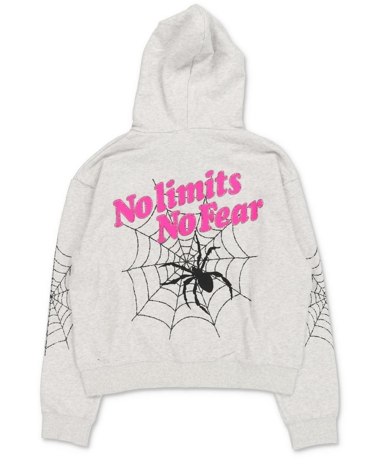 短丈ダブルジップパーカー/ストーンロゴ/バックプリント/スパイダー