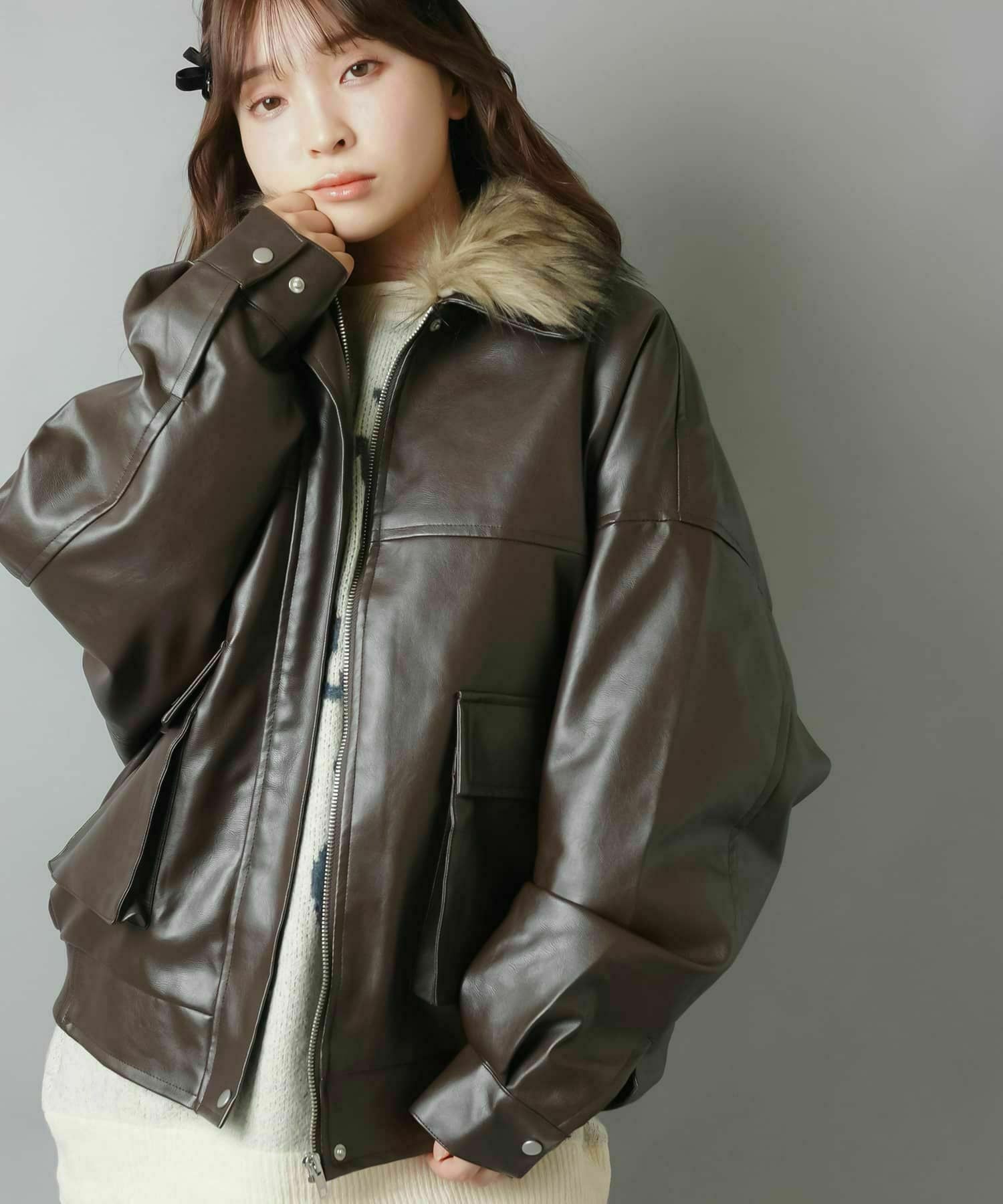 2WAYオーバーサイズ合皮A2ジャケット/フェイクファー取り外し可能/ティ