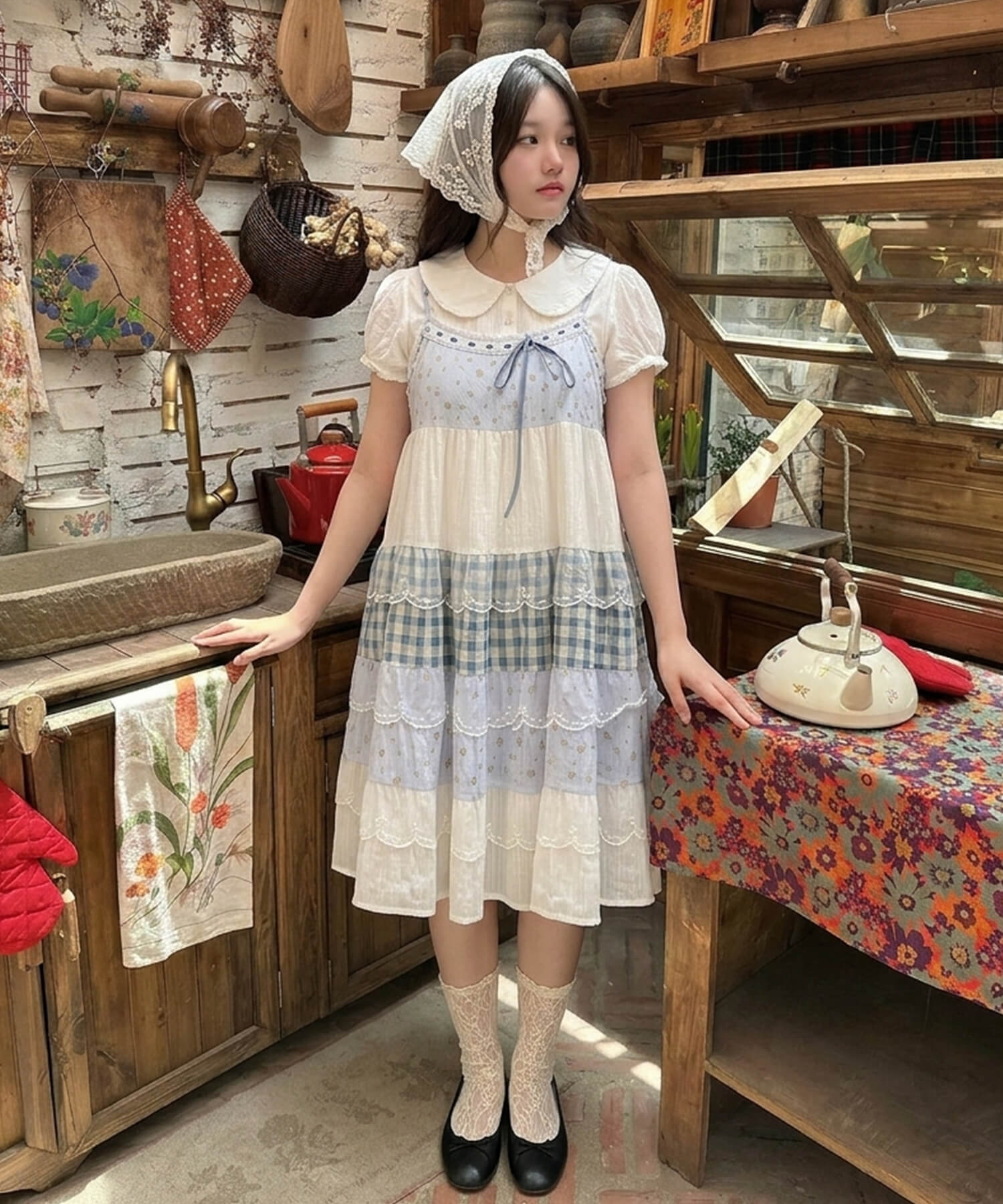 ヴィンテージ風ミニキャミワンピース/つぎはぎティアード/チェック