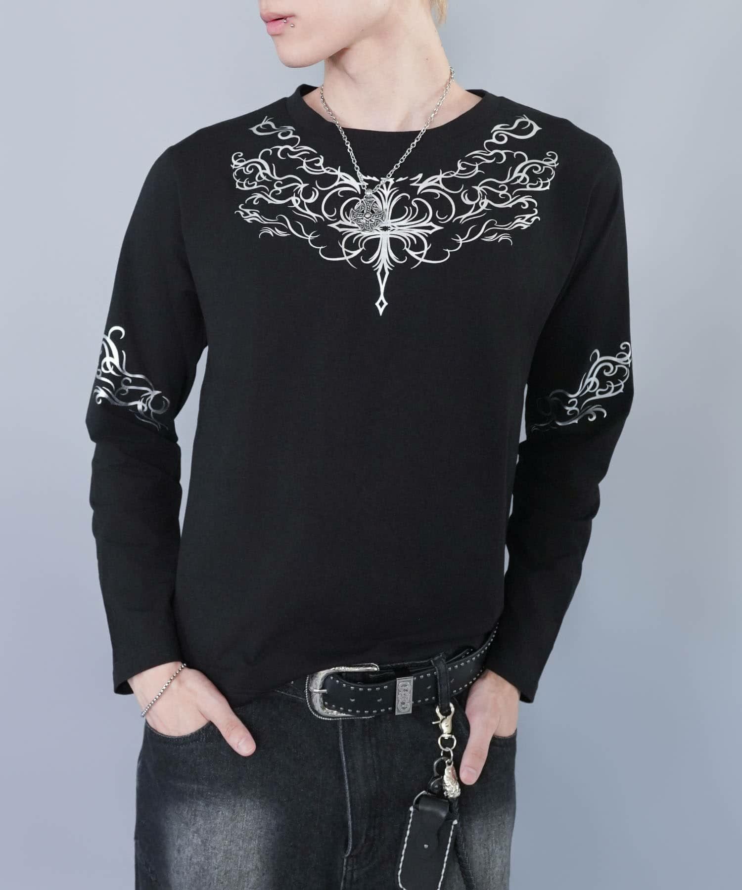 26%OFF】短丈ロングスリーブTシャツ/トライバルデザイン/ロンT