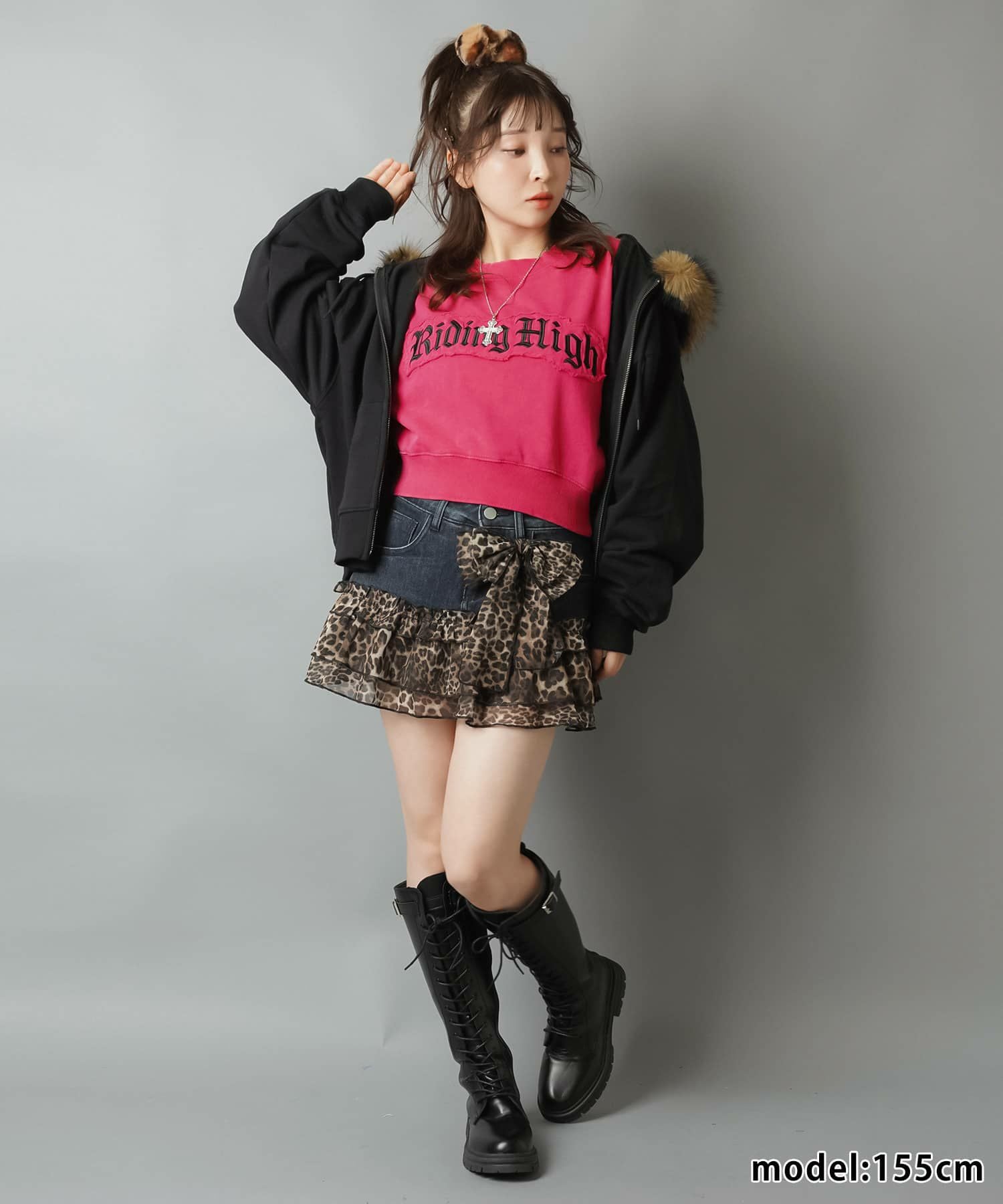 75%OFF】ストレッチデニムミニスカート/ヒョウ柄リボン/レオパード