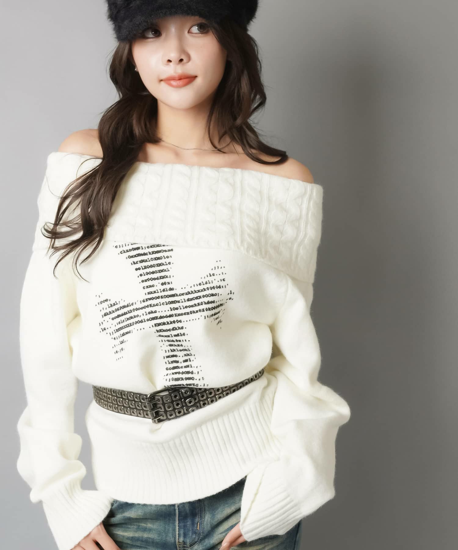 オフショルニット knit-02299 オフショルダー オーバー ニット モカ ブラック | L a v i s