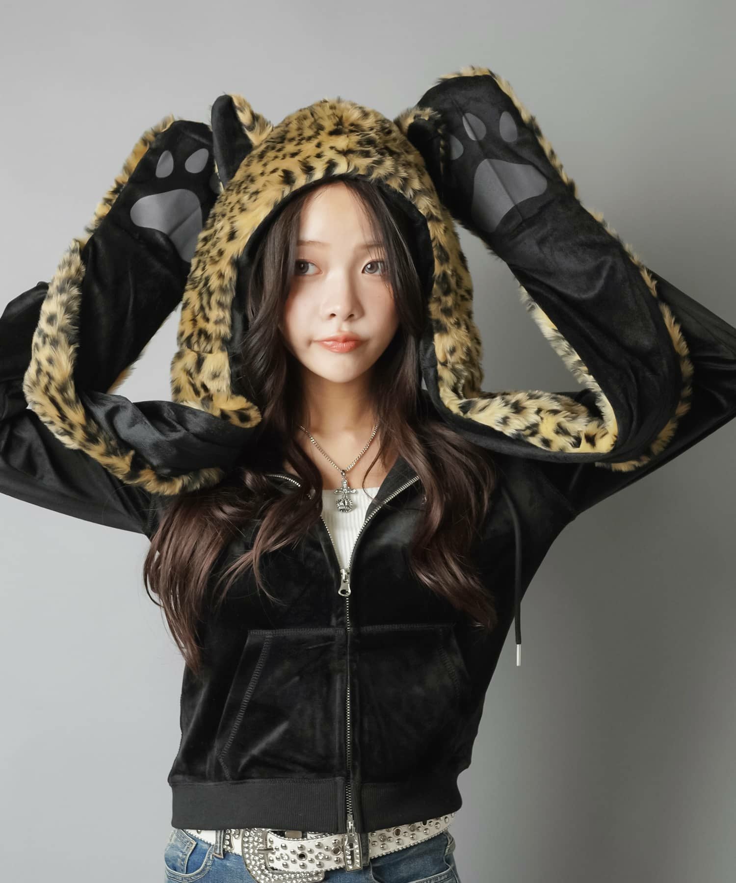 75%OFF】耳付きフェイクファーアニマルキャップ/ロングポケット/ヒョウ