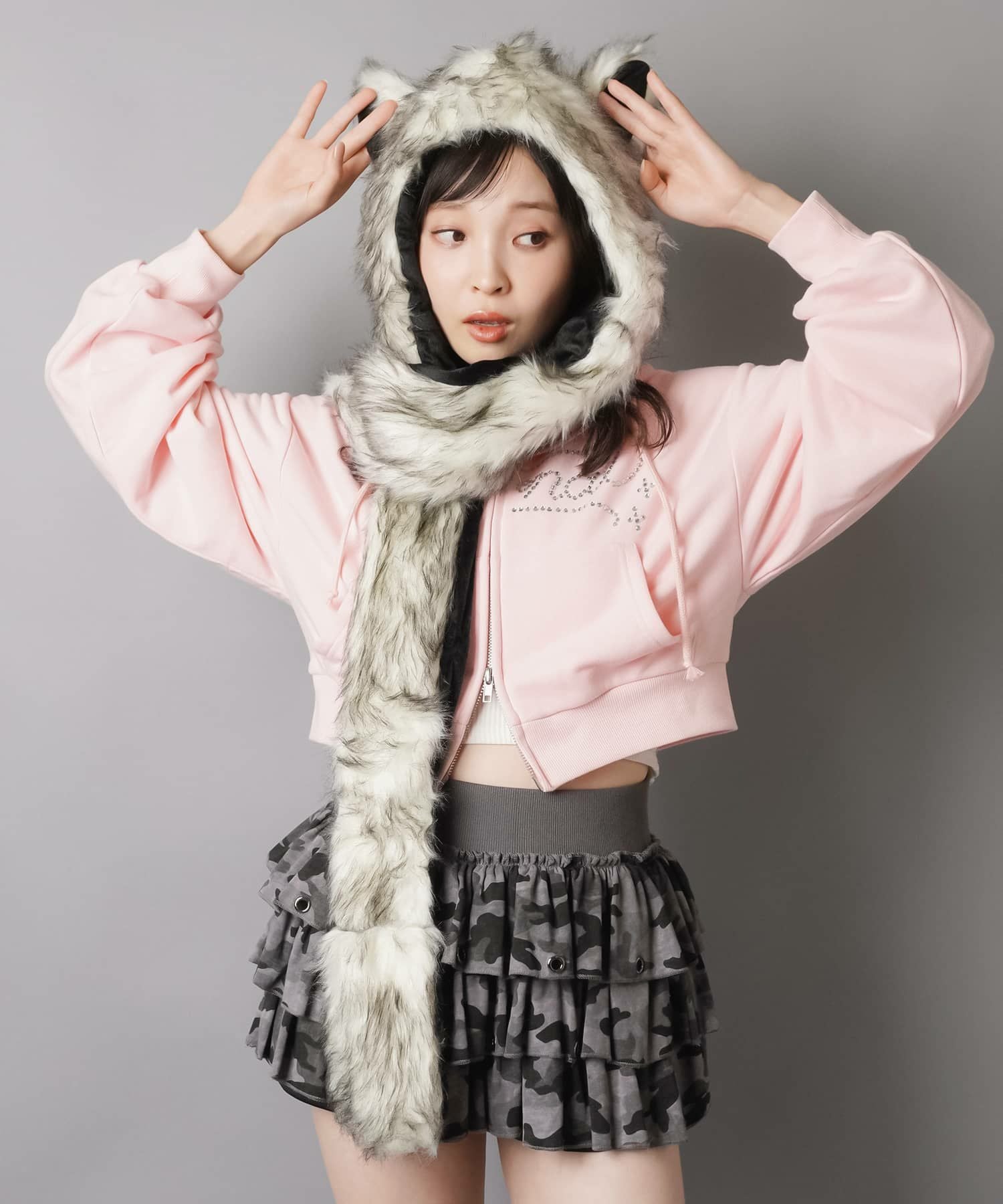 75%OFF】耳付きフェイクファーアニマルキャップ/ロングポケット/ヒョウ