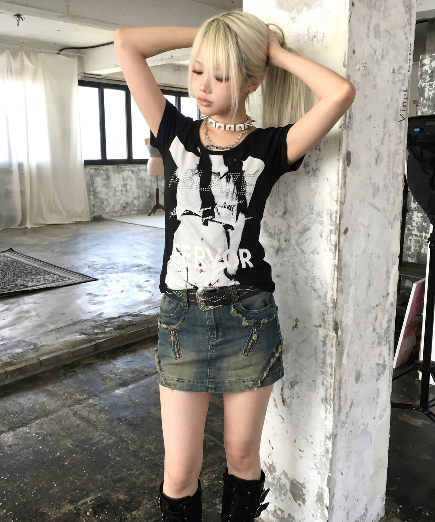 デニムタイトスカート/フリンジジップ/2サイズ展開/インナーパンツ付き