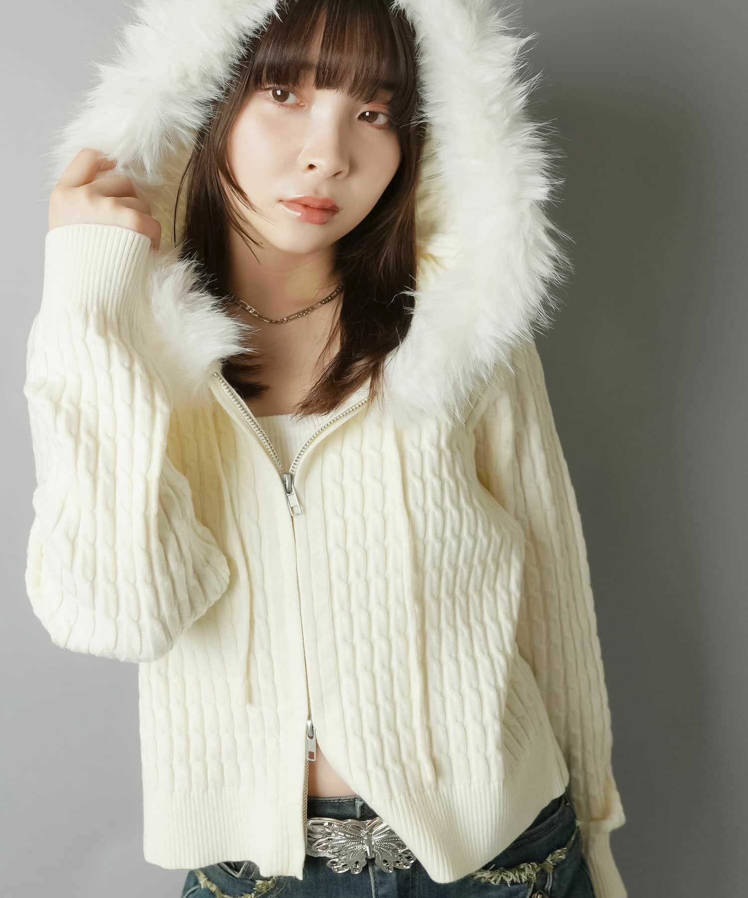 51%OFF】ケーブルニットジップパーカー/フェイクファー/5色展開