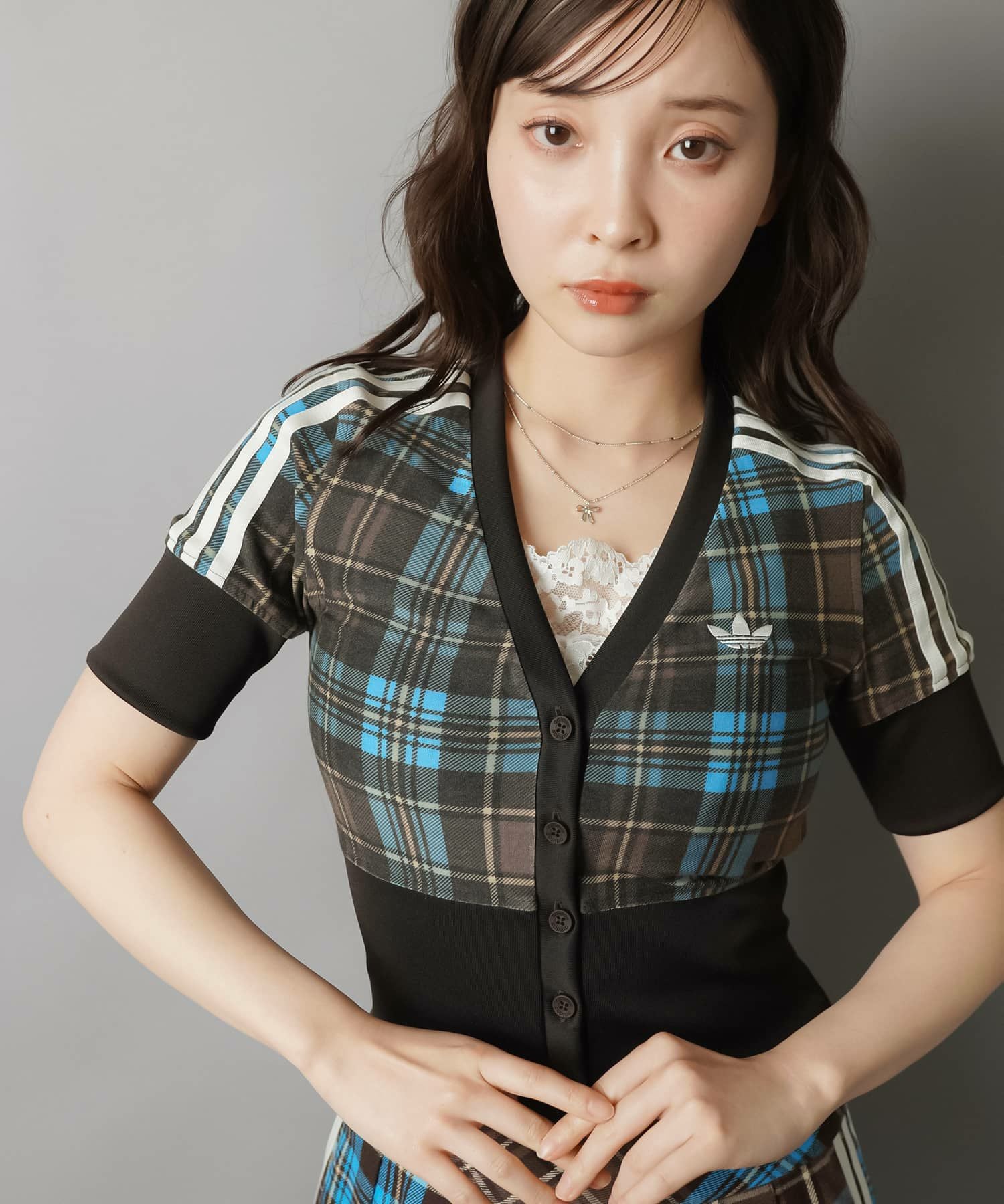 ≪adidas/アディダス≫チェック柄半袖カーディガン/セットアップ可能