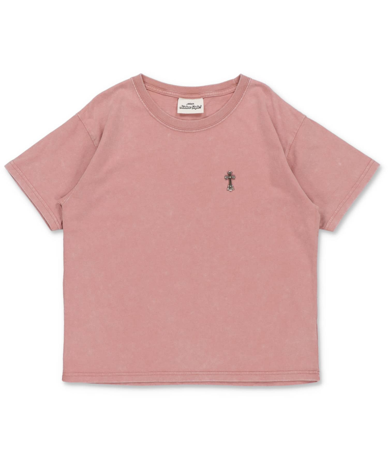 短丈ピグメント加工ワンポイント半袖Tシャツ/クロスメタルロゴ