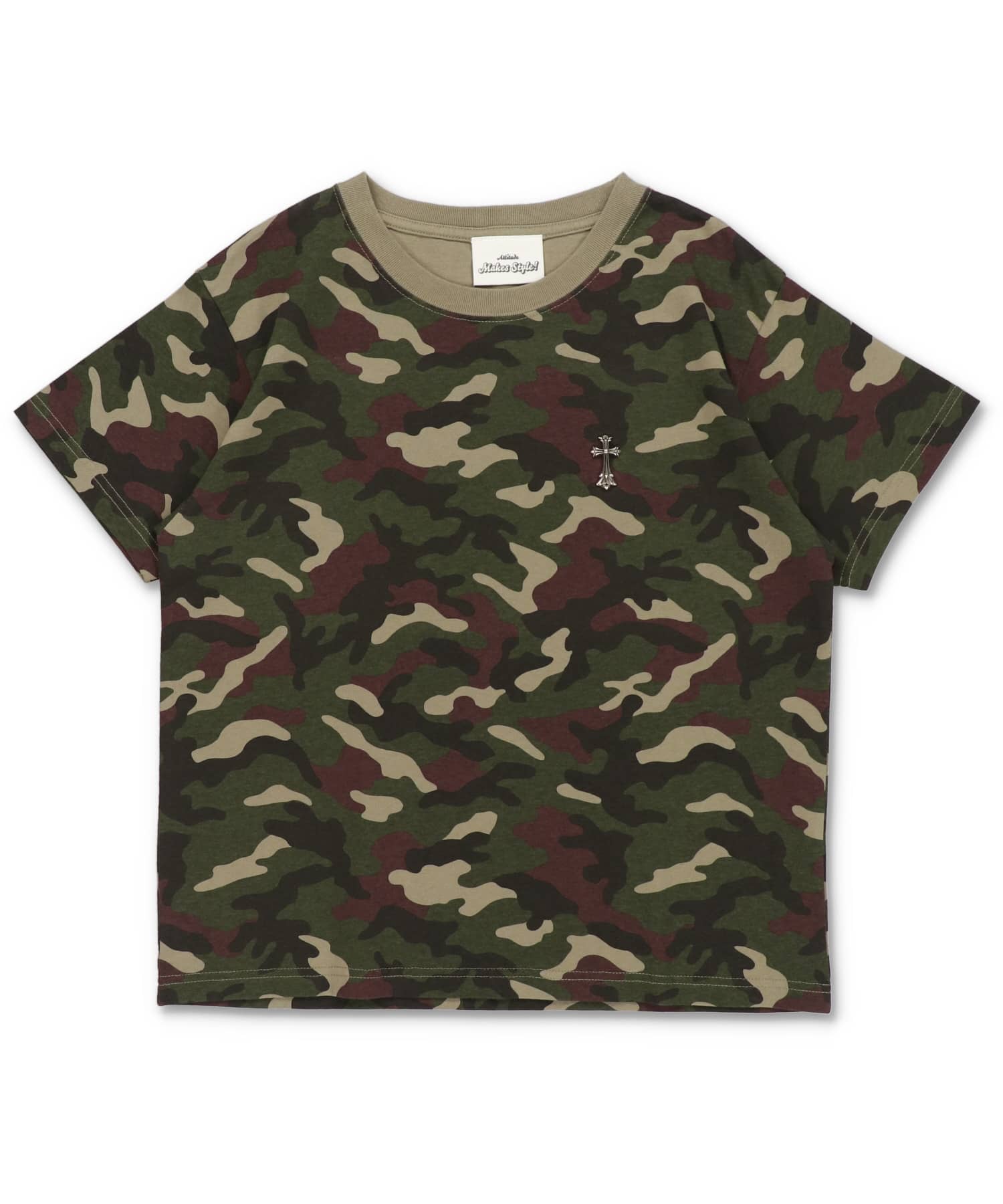 短丈ピグメント加工ワンポイント半袖Tシャツ/クロスメタルロゴ