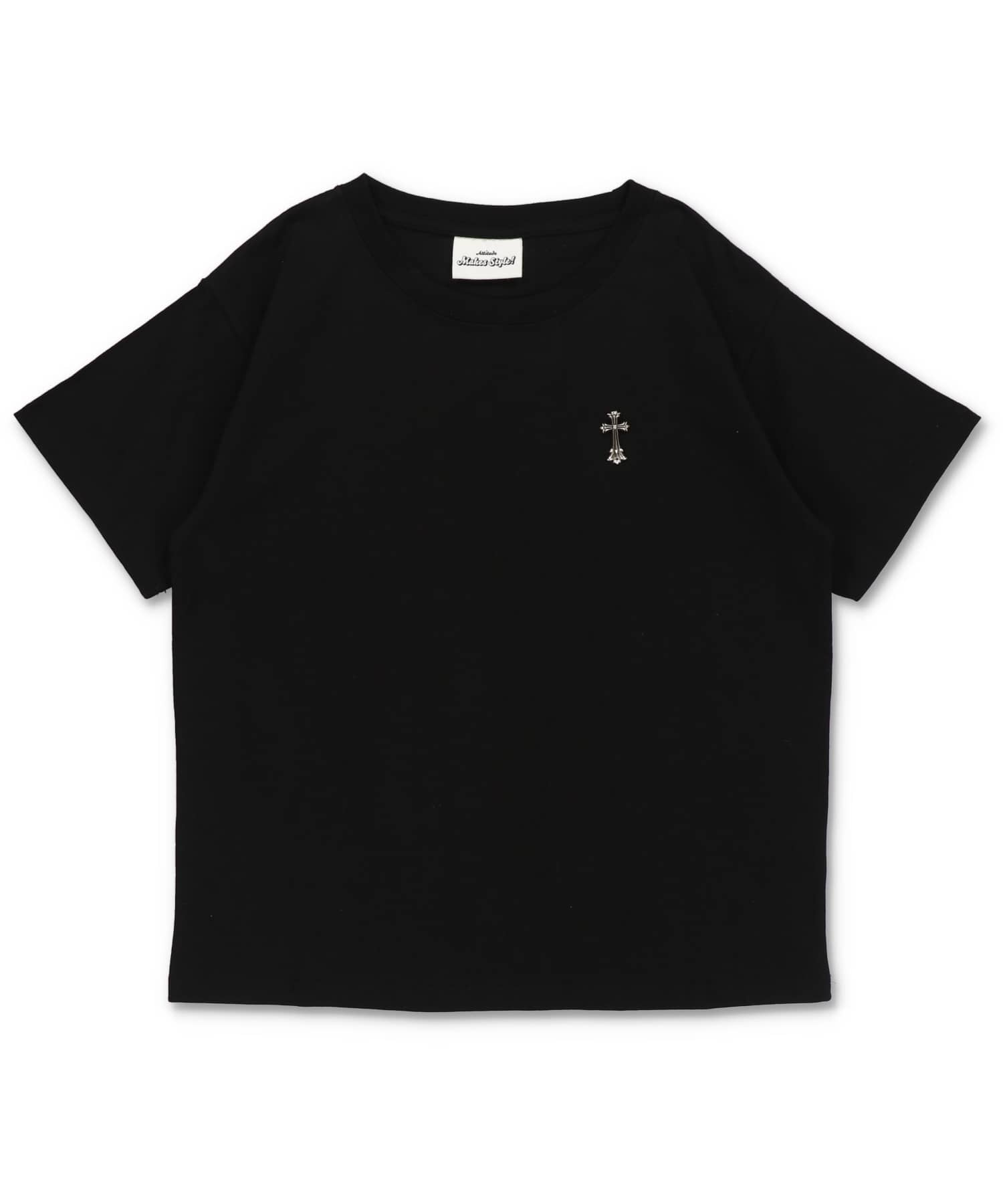 短丈ピグメント加工ワンポイント半袖Tシャツ/クロスメタルロゴ