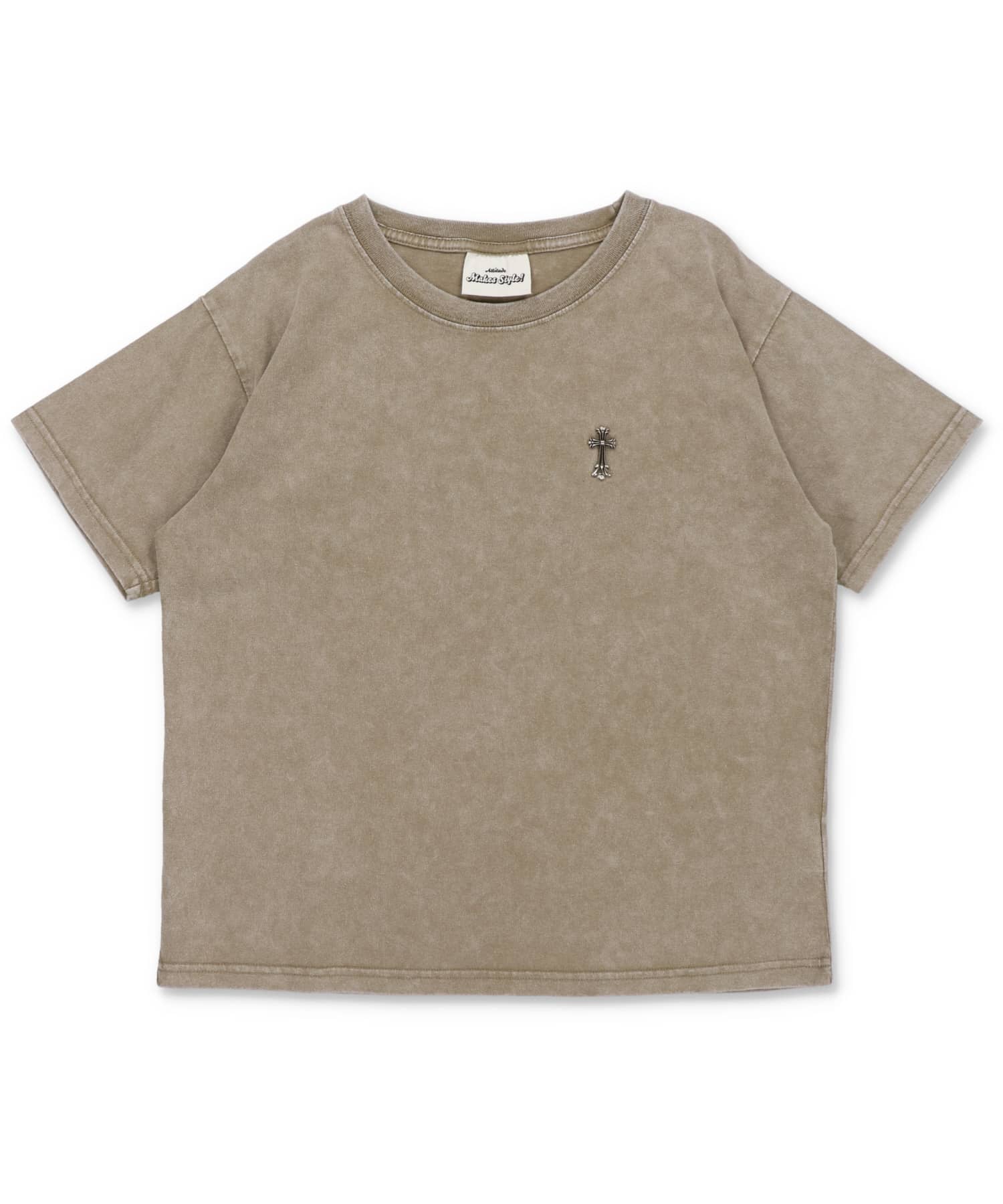短丈ピグメント加工ワンポイント半袖Tシャツ/クロスメタルロゴ