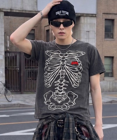 短丈グラフィック半袖Tシャツ/スケルトンプリント | SPINNS WEB STORE 