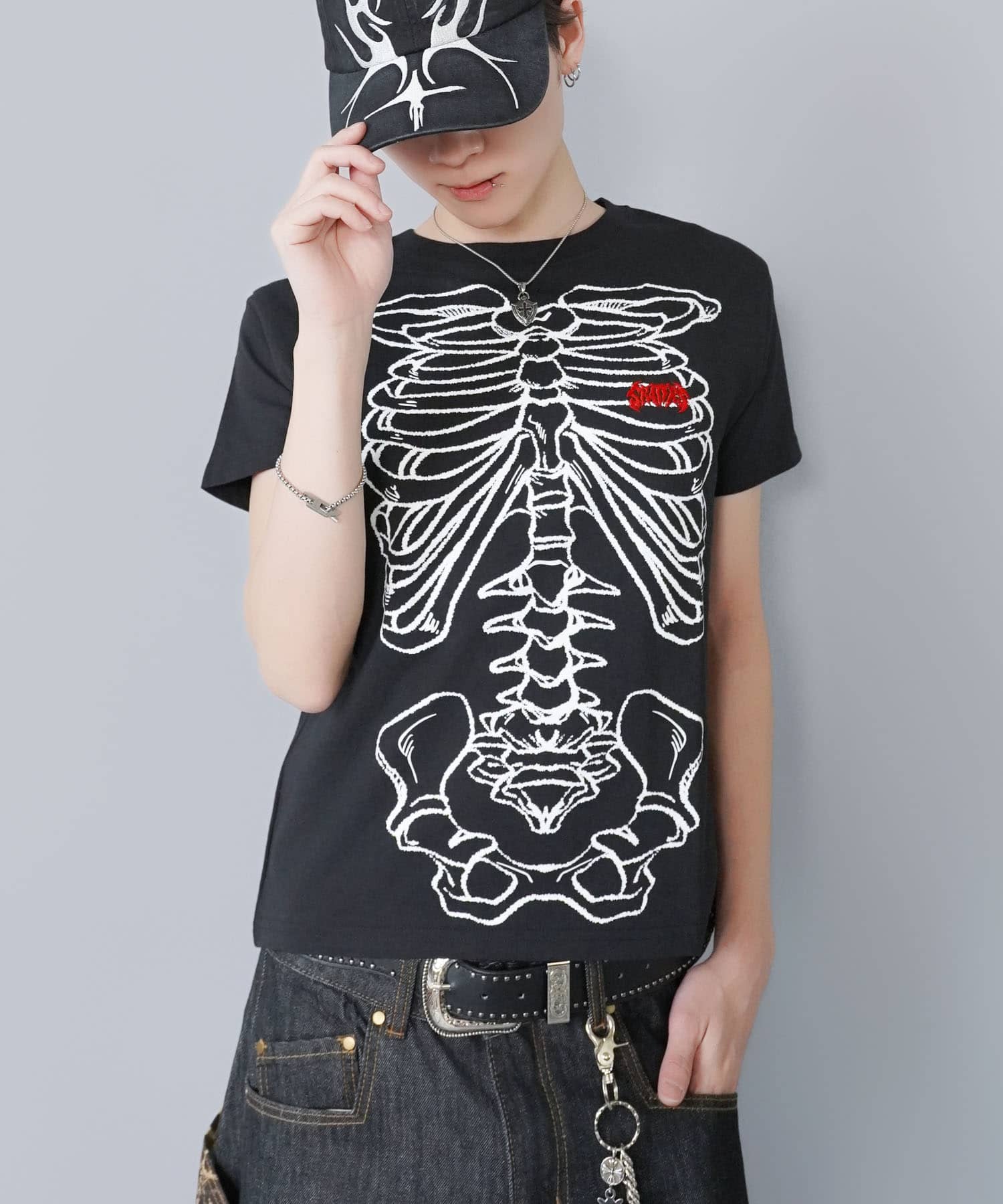 短丈グラフィック半袖Tシャツ/スケルトンプリント | SPINNS WEB STORE