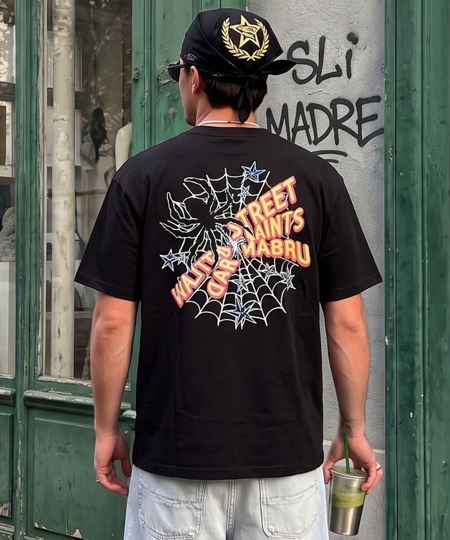 17%OFF】スパイダーバックプリント半袖Tシャツ/サガラ刺繍ロゴ/ワン