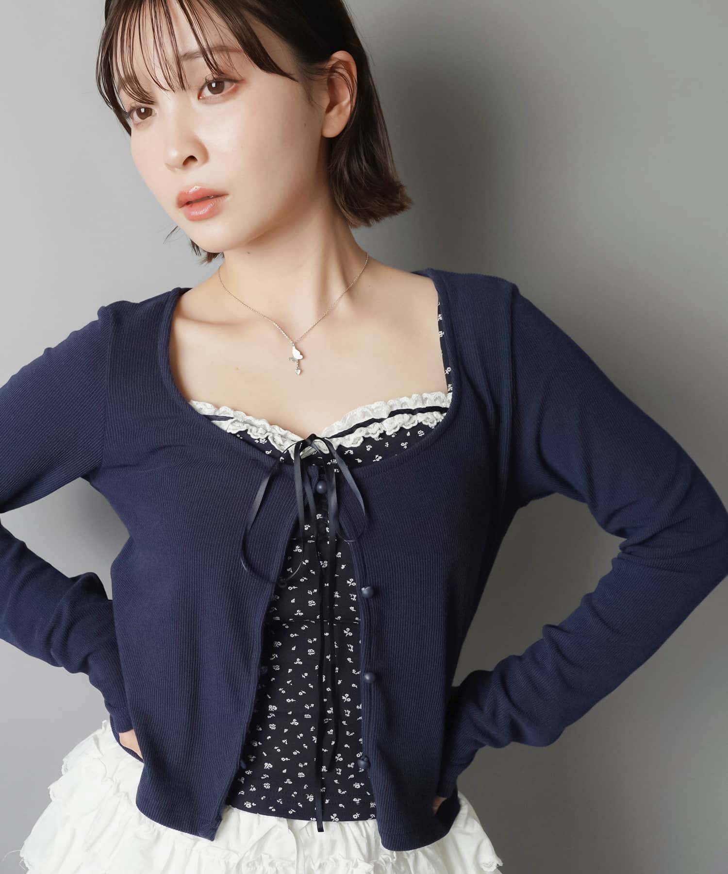 51%OFF】長袖カーディガン+小花柄キャミソールセット/フライス