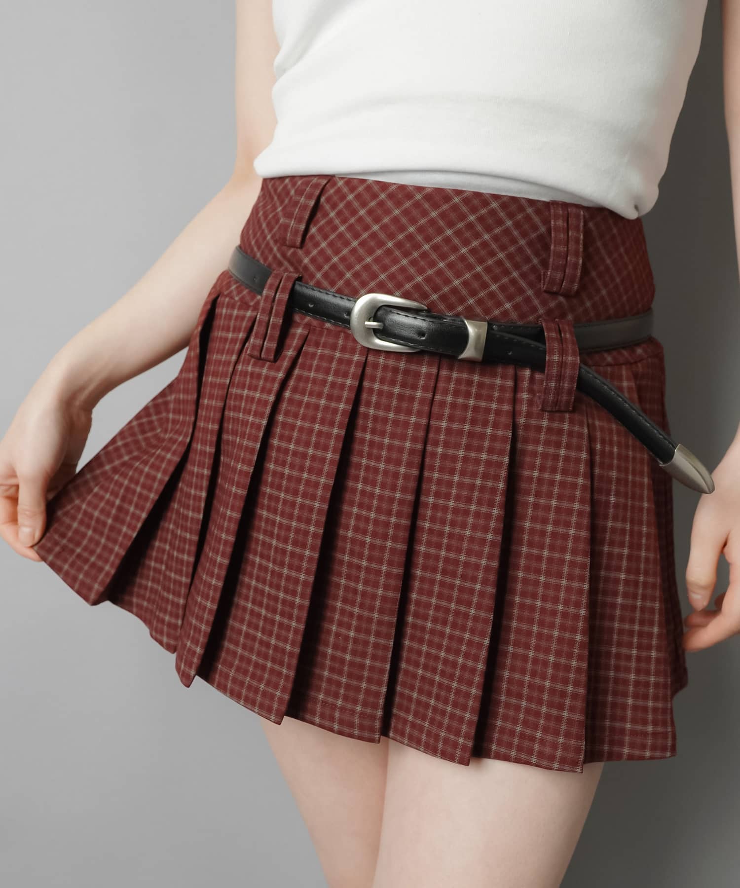15%OFF】チェック柄プリーツミニスカート/ベルト付き/インナーパンツ