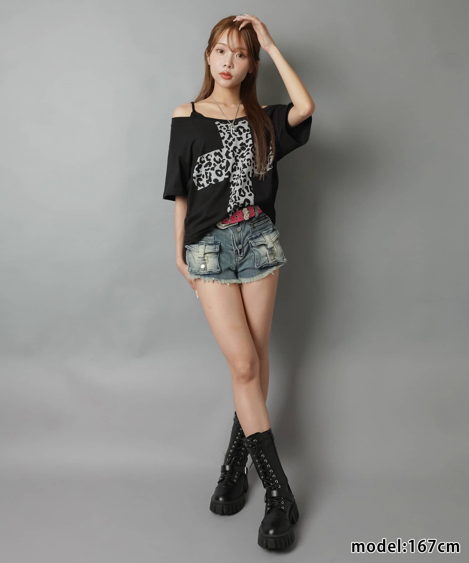 Vネック半袖Tシャツ/ヒョウ柄クロス/#平成ギャル | SPINNS WEB STORE