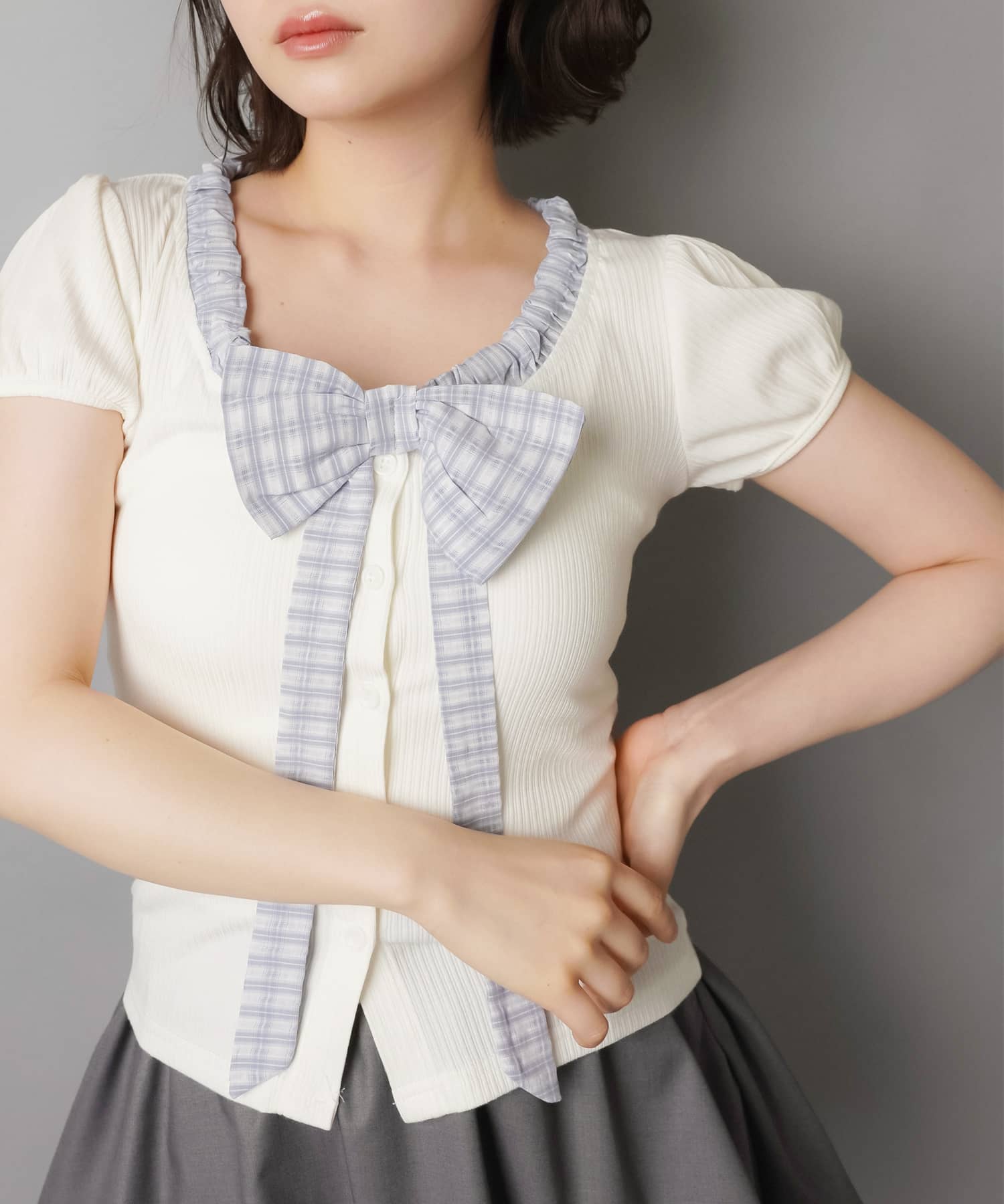 パフスリーブ半袖カットソー/チェック柄リボンタイ | SPINNS WEB STORE
