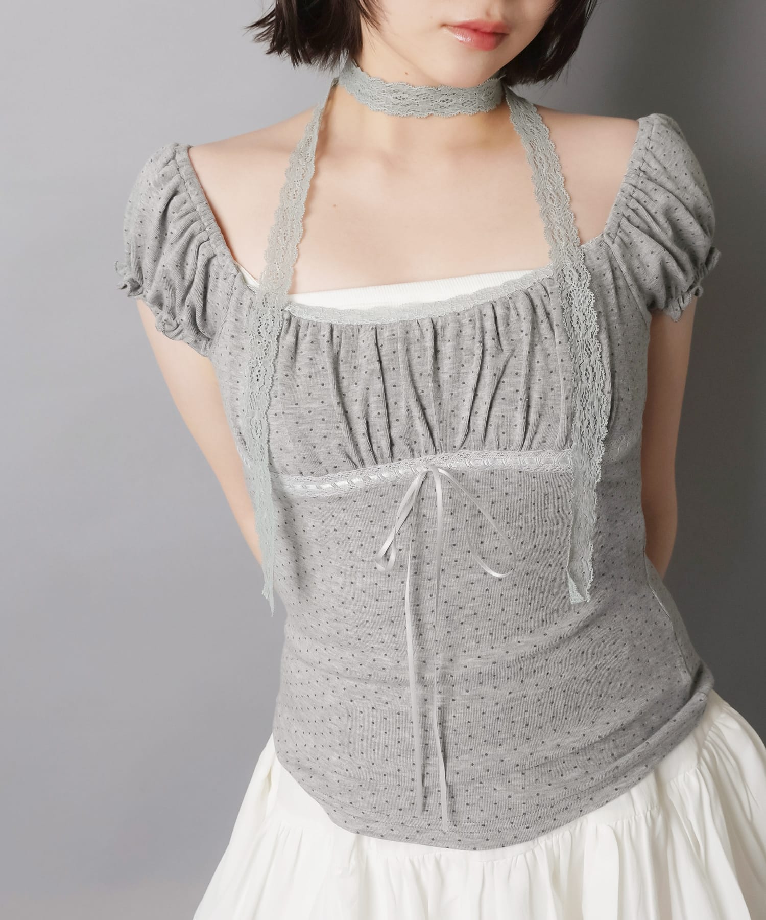 レースタイ付きパフスリーブ半袖ブラウス/ドット柄 | SPINNS WEB STORE