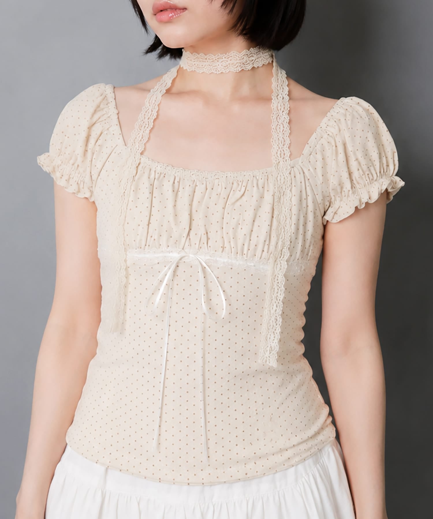 レースタイ付きパフスリーブ半袖ブラウス/ドット柄 | SPINNS WEB STORE