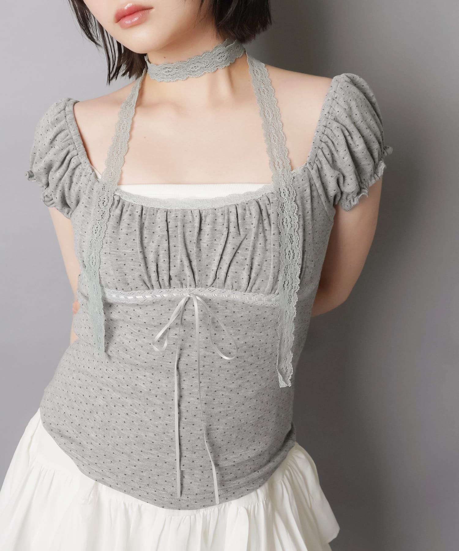 レースタイ付きパフスリーブ半袖ブラウス/ドット柄 | SPINNS WEB STORE