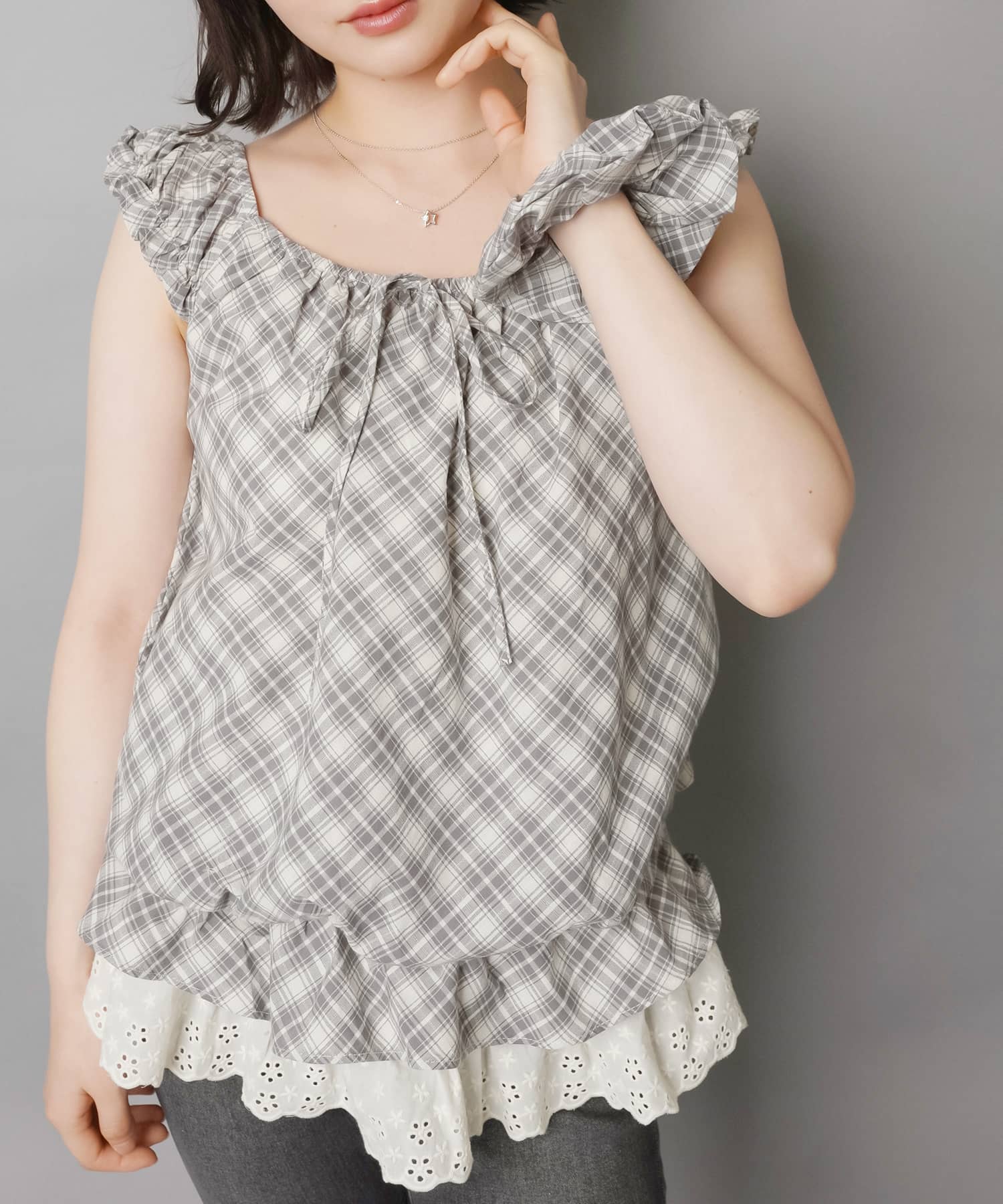 パフスリーブ半袖チュニック/チェック柄/シュシュ付き | SPINNS WEB
